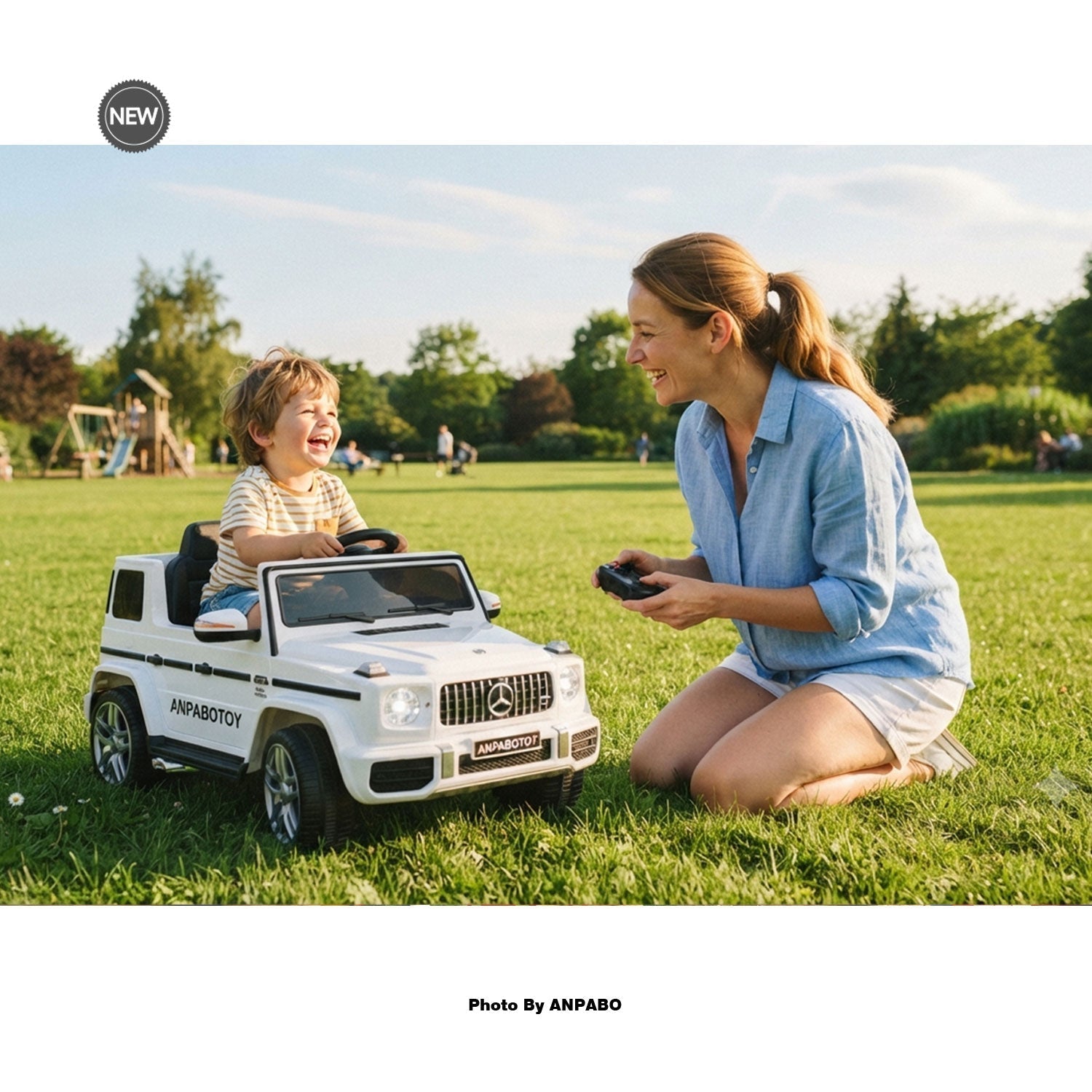 Parent and child enjoying outdoor play with a white Anpabotoy electric ride-on vehicle controlled by remote.