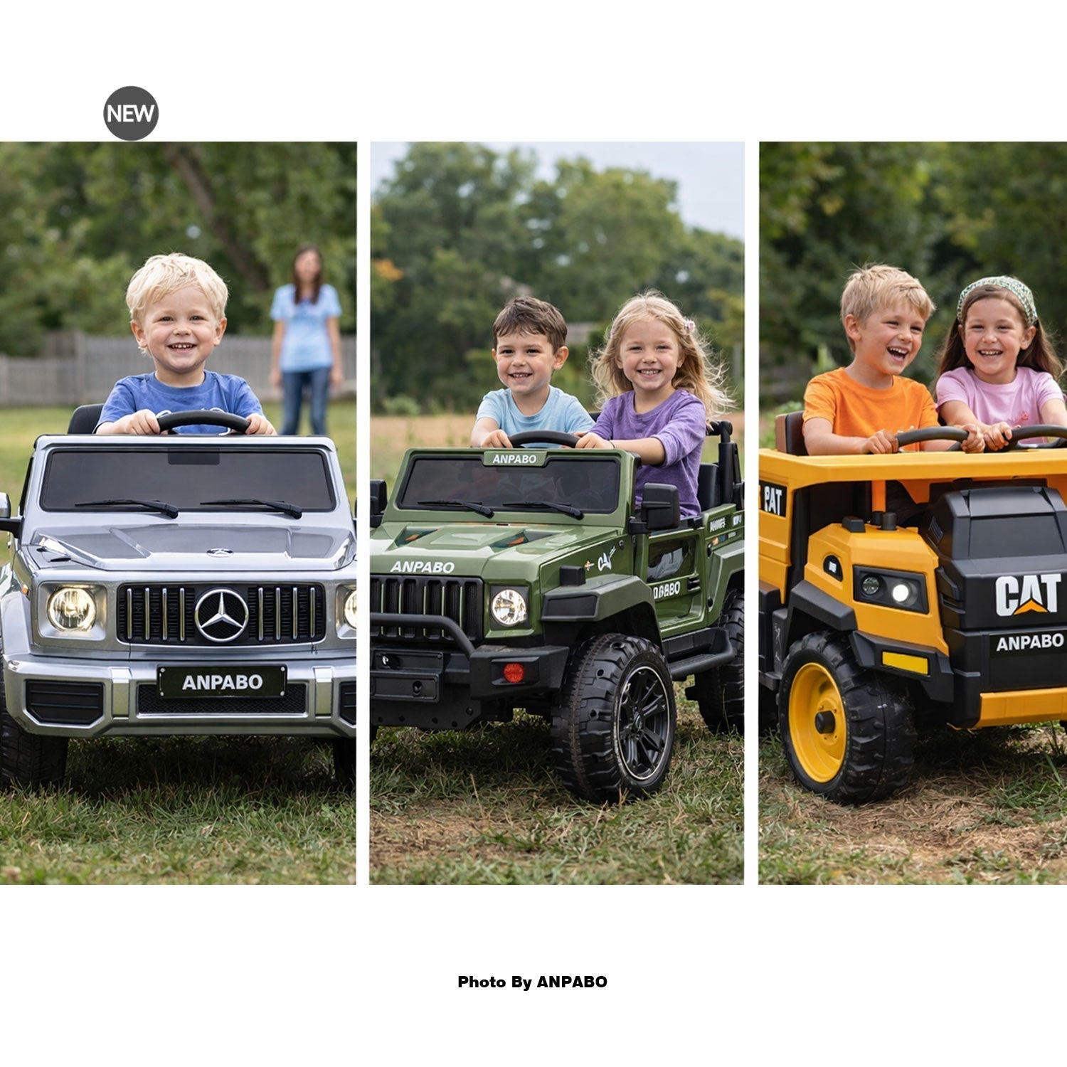 Kids enjoying outdoor playtime in a variety of Anpabo electric ride-on vehicles, including off-road SUVs and a construction truck.