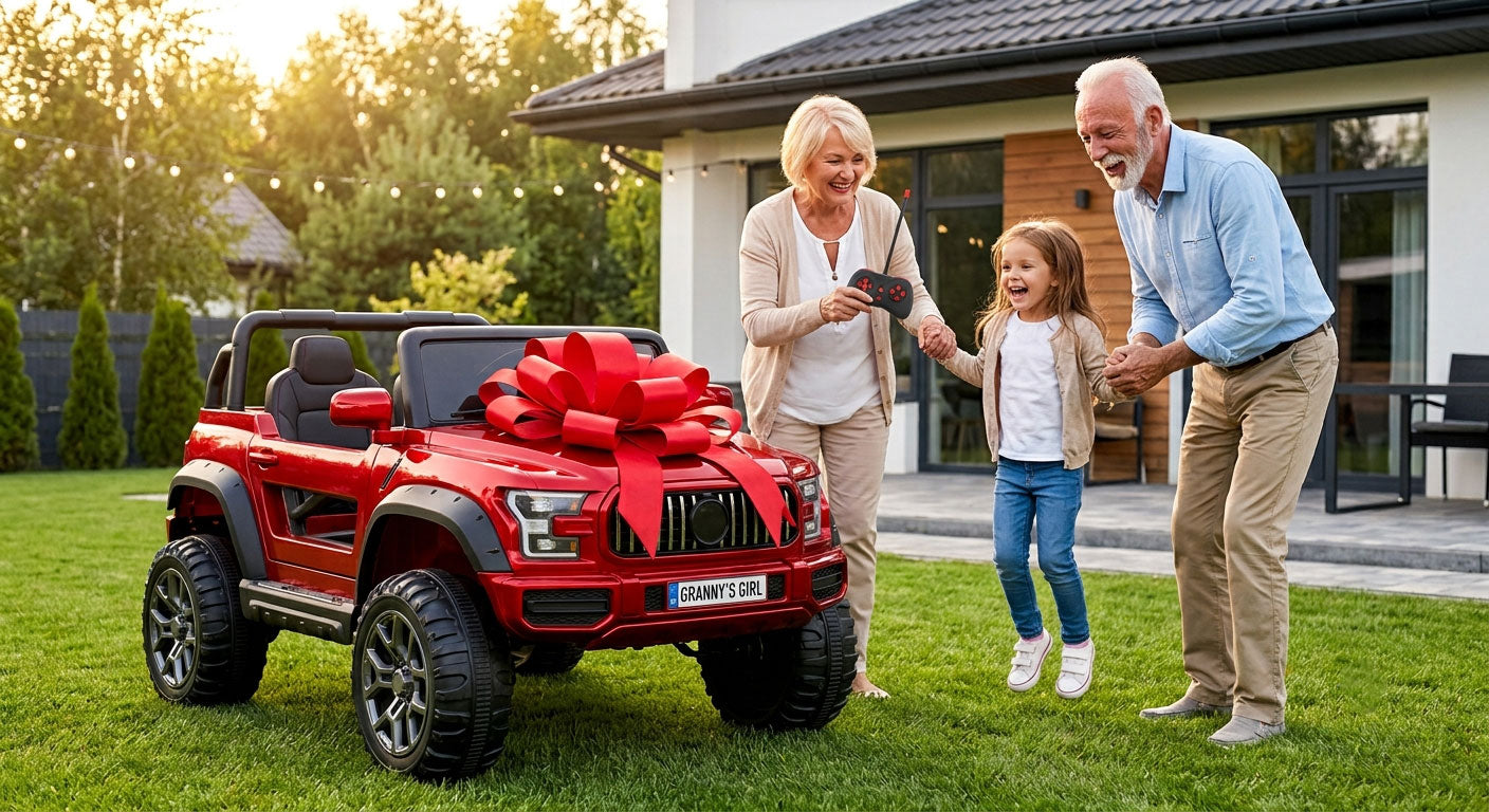Red 2-seater 24V ride-on truck with a giant red bow, gifted by grandparents using parental remote control in the backyard.