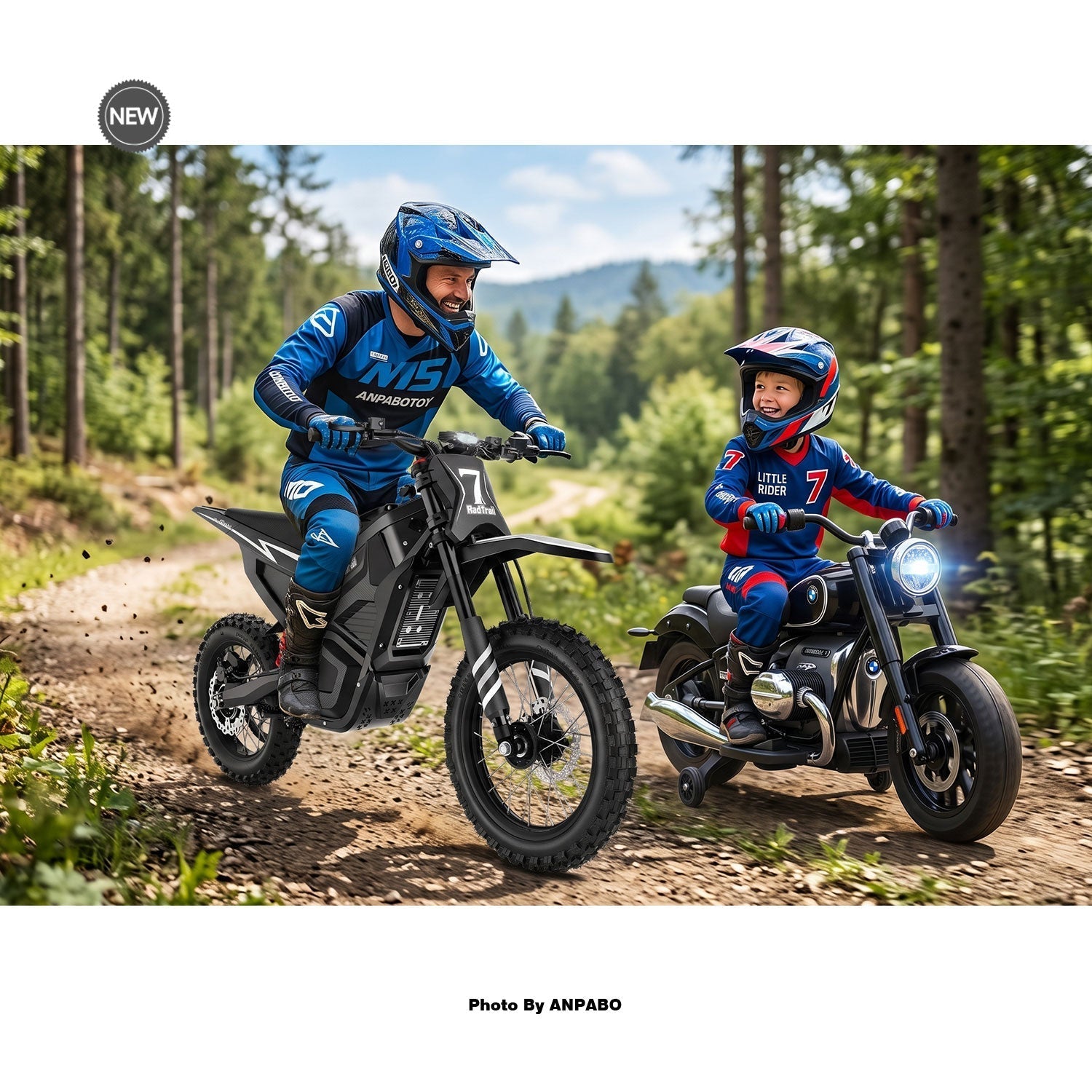A father and son smiling while riding together on a forest dirt trail. The father is riding a black M5 48V 3000W adult electric dirt bike, and the son is riding a 24V kids electric motorcycle licensed BMW R18.
