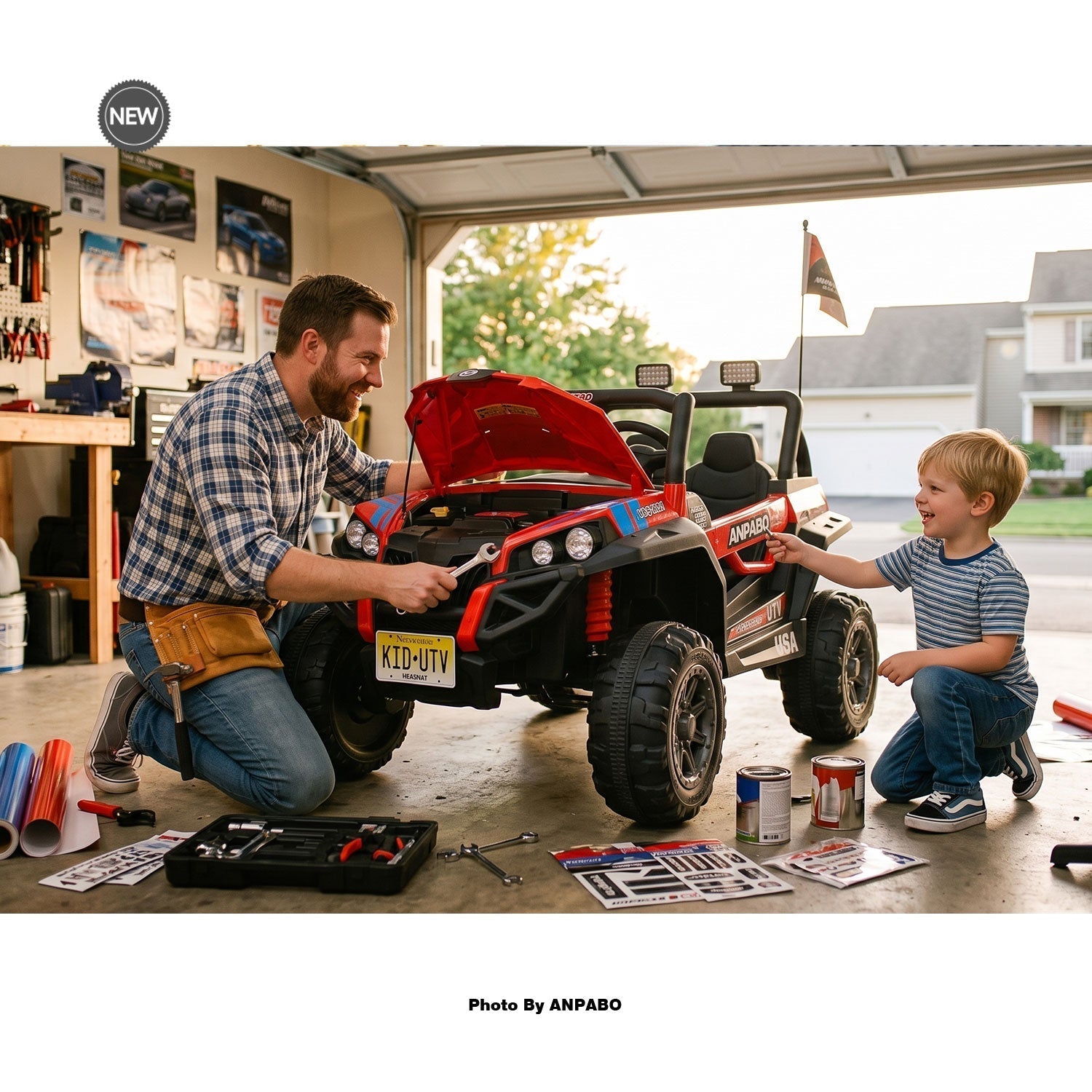 A smiling father and son bonding in their garage while customizing a red kids' electric ride-on car with tools and decals.