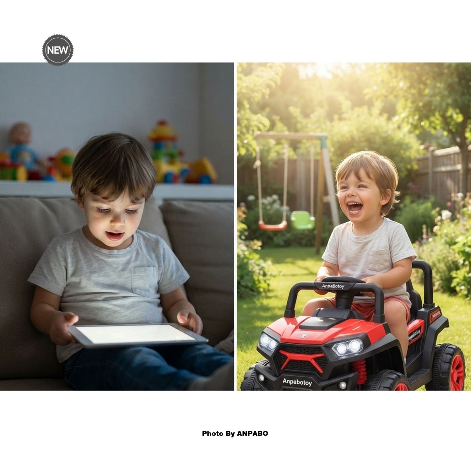 A side-by-side comparison showing a child indoors staring at a tablet screen versus the same child happily driving an Anpabotoy electric ride-on car in a sunny backyard