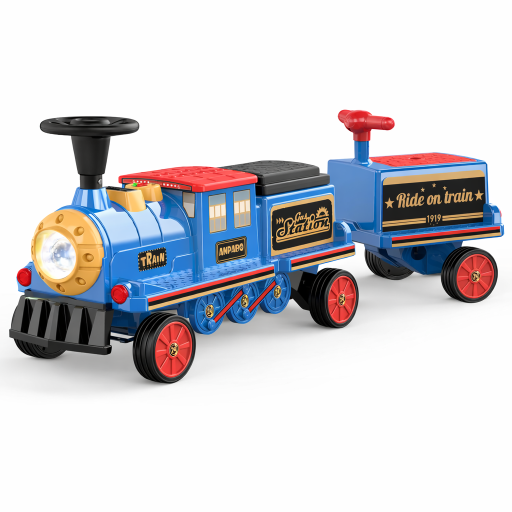 ANPABO 12V Trackless Ride-On Train Set: Whistle, Light, & Storage-blue