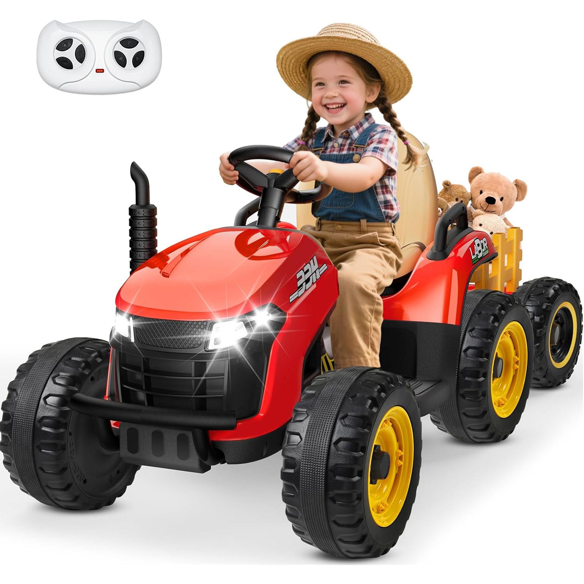 ANPABO 24V Kids Ride-On Tractor with Trailer-red