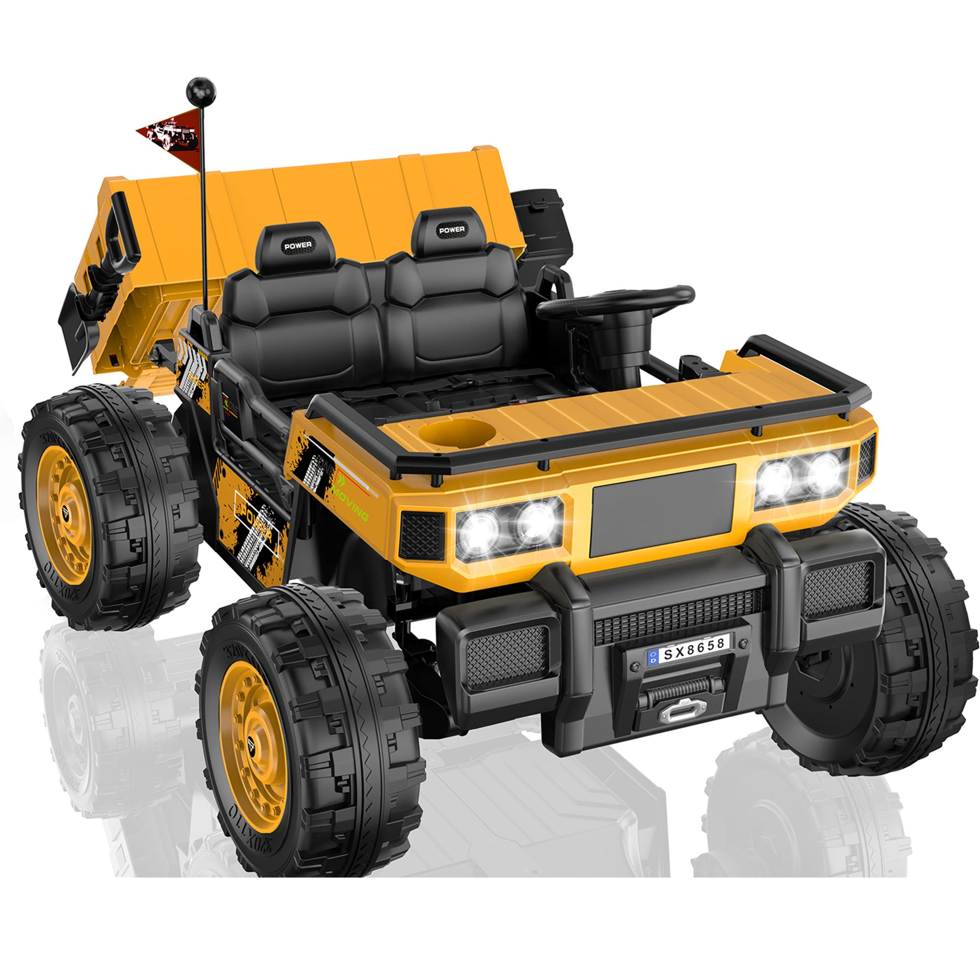 Anpabo 24V Kids Military Dumper: 4WD Auto-Lift Bed, 132 lbs Capacity, 2-Seater-yellow