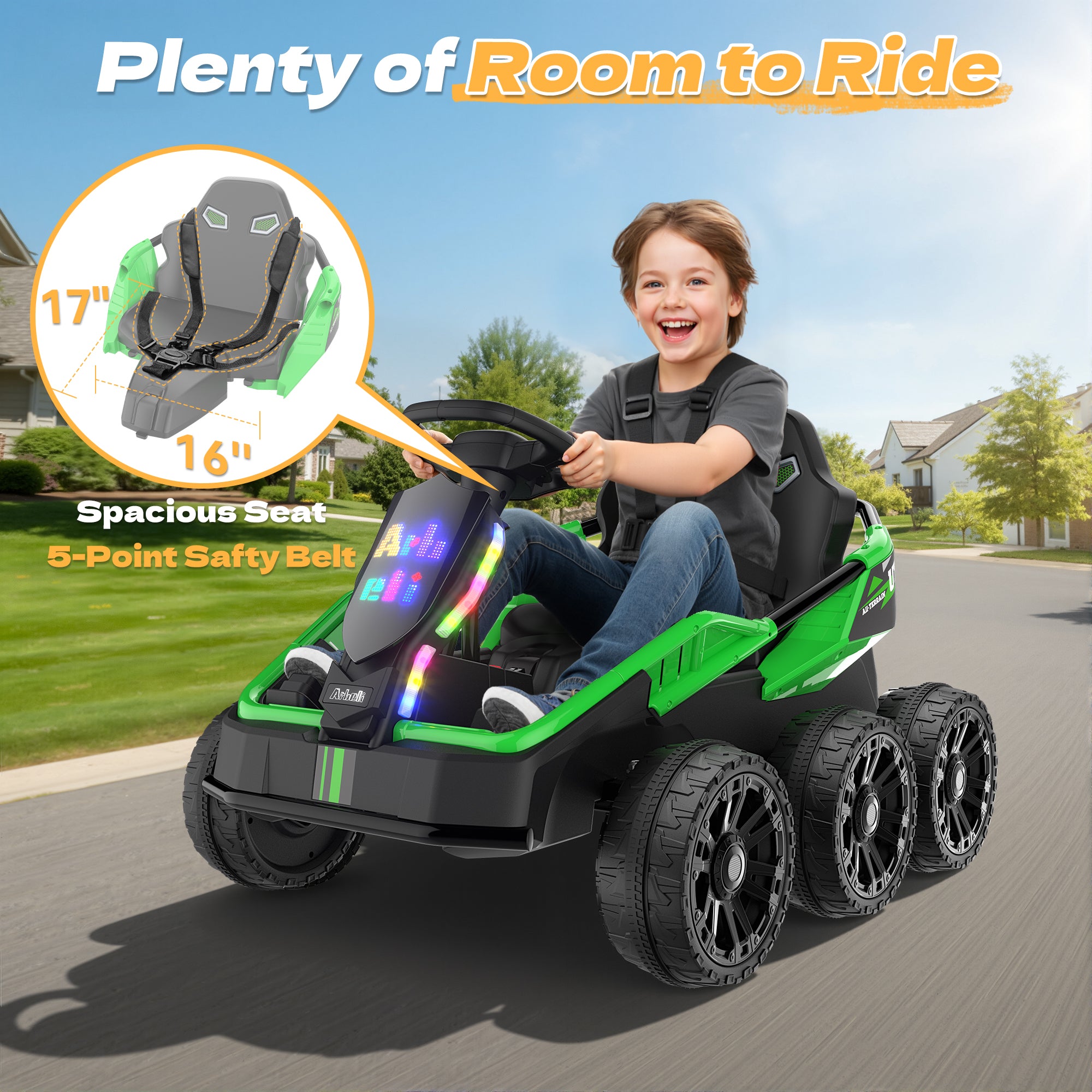 24V Kids Ride-On: 4WD, 17" Seat, Remote, Bluetooth Music, 5MPH-green