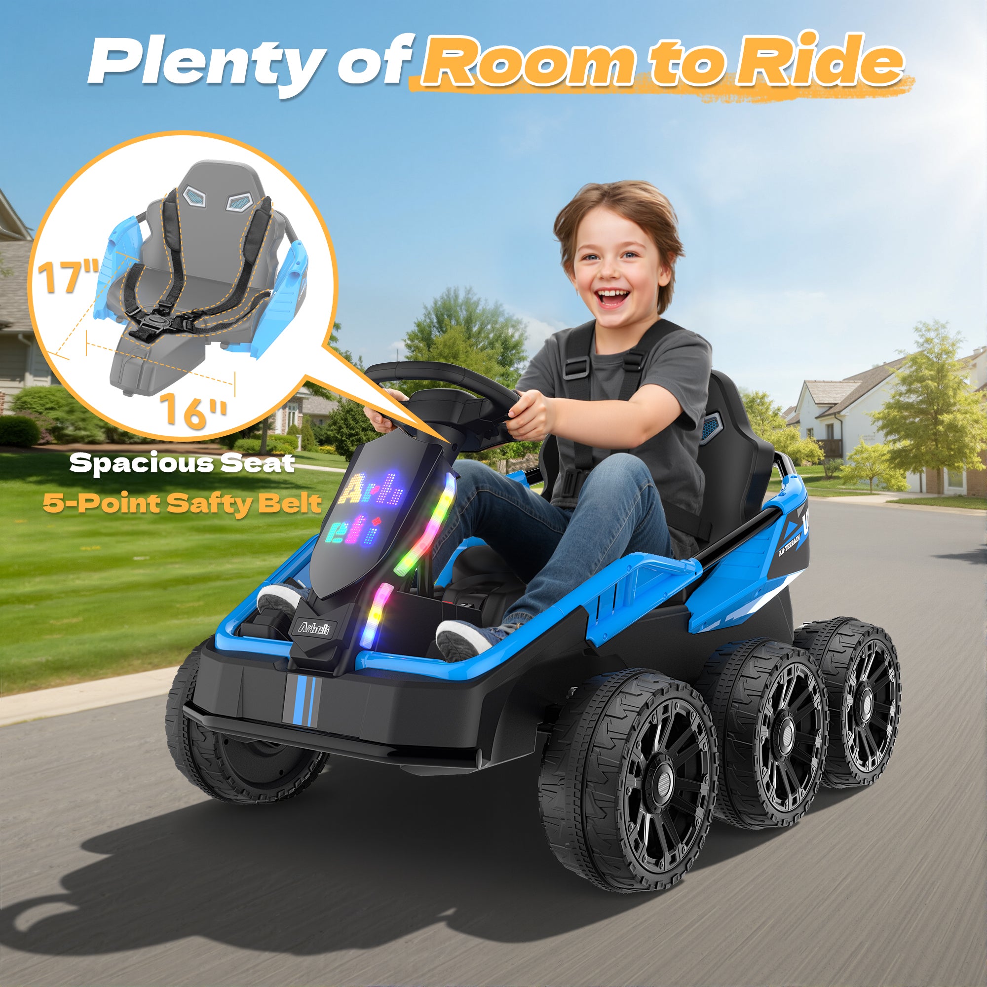 24V Kids Ride-On: 4WD, 17" Seat, Remote, Bluetooth Music, 5MPH-blue