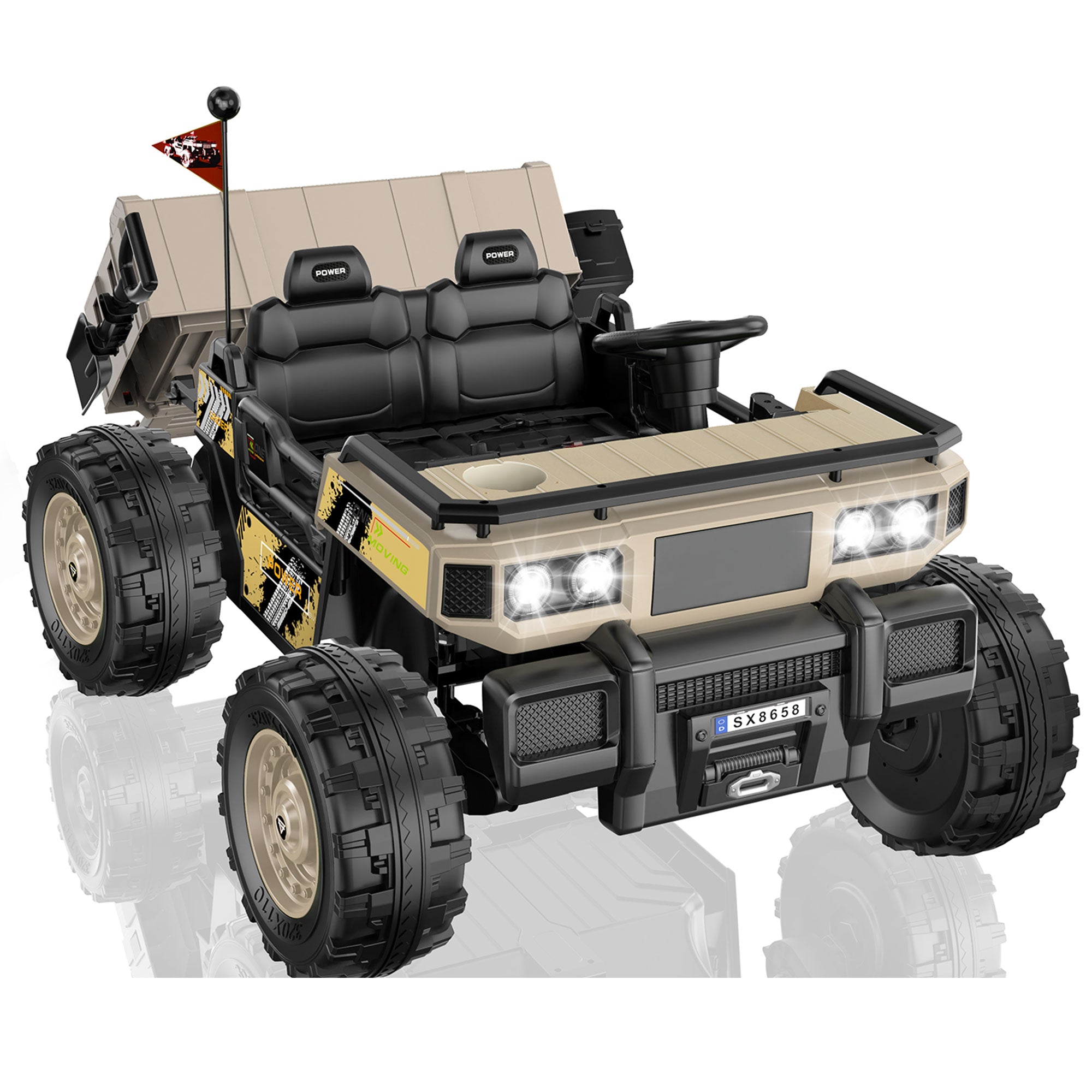 Anpabo 24V Kids Military Dumper: 4WD Auto-Lift Bed, 132 lbs Capacity, 2-Seater-beige