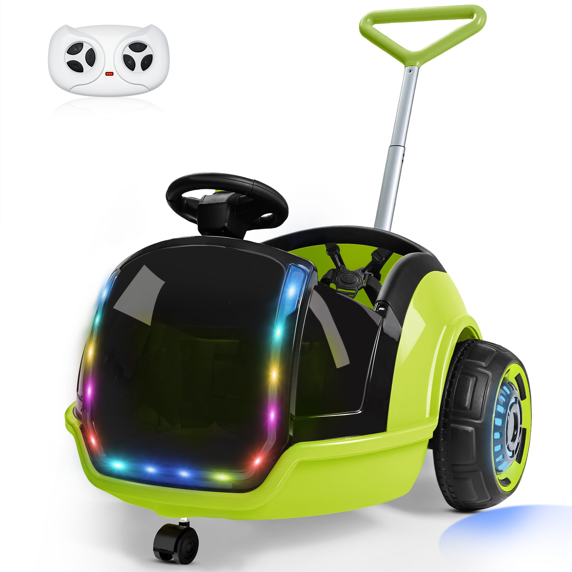 12V 3-in-1 Push Ride On Car with Adjustable Handle & Remote – Green