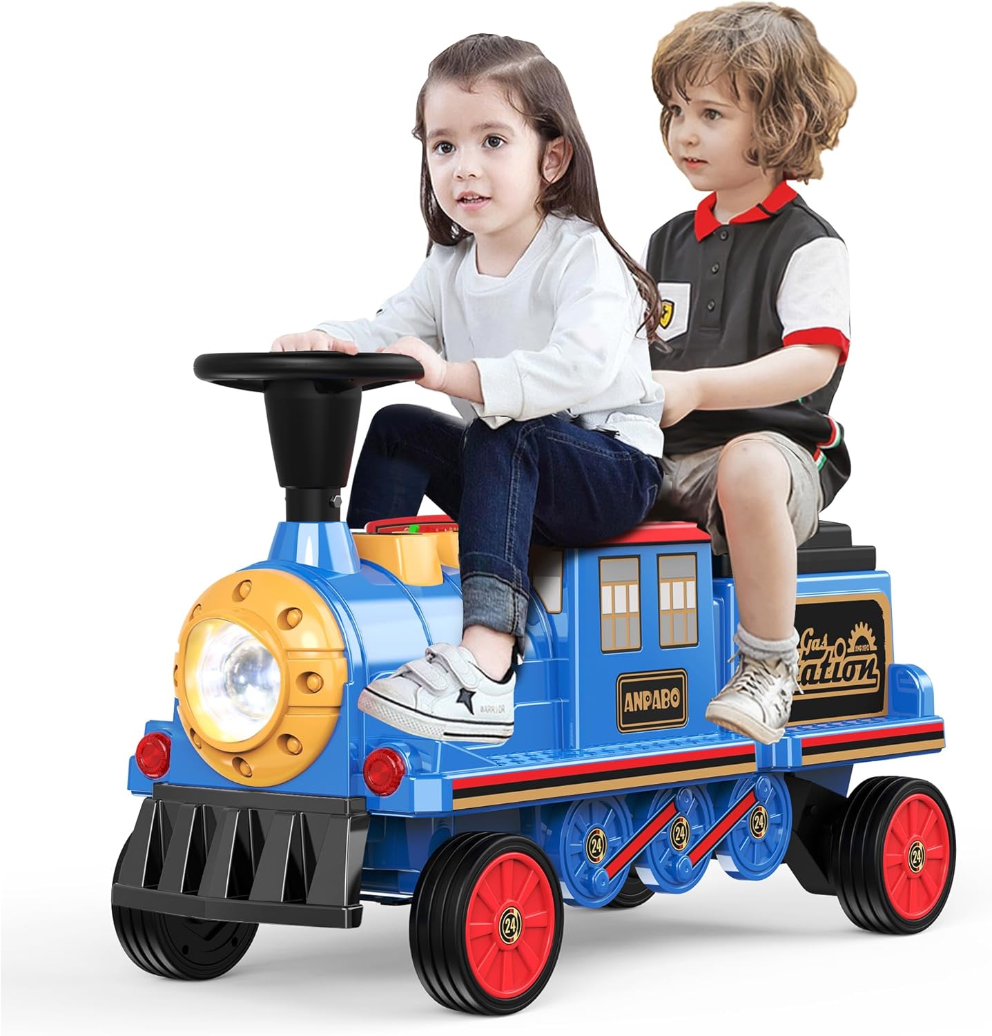 Trackless 12V Electric Ride-On Train 2-Seater with Rubber Tires – Blue