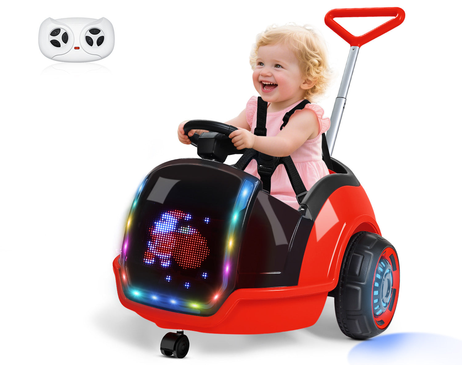 12V 3-in-1 Push Ride On with LED Display, Music & Remote –  Red