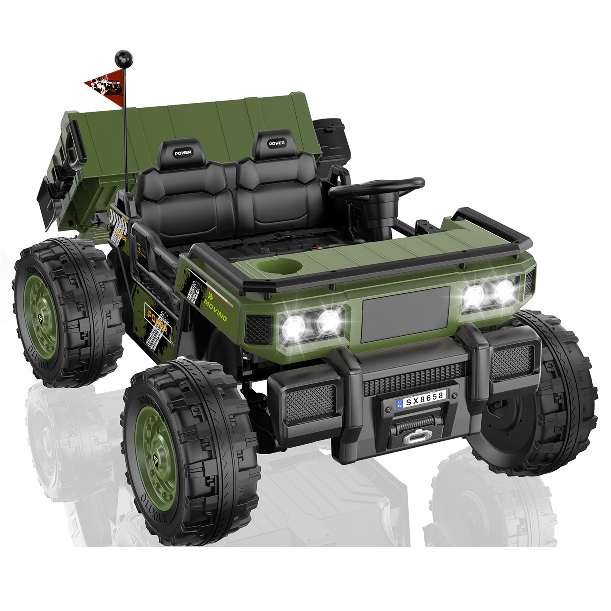 Anpabo 24V Kids Military Dumper: 4WD Auto-Lift Bed, 132 lbs Capacity, 2-Seater-Military Green