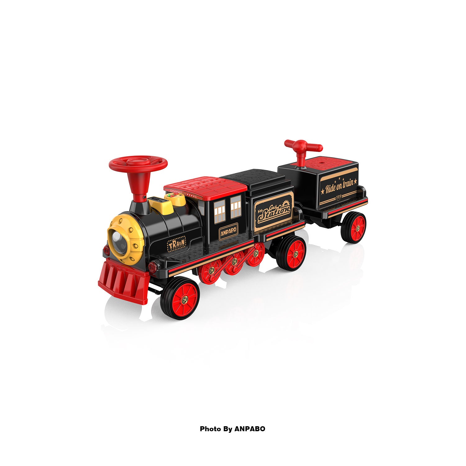 ANPABO 12V Trackless Ride-On Train Set: Whistle, Light, & Storage-black