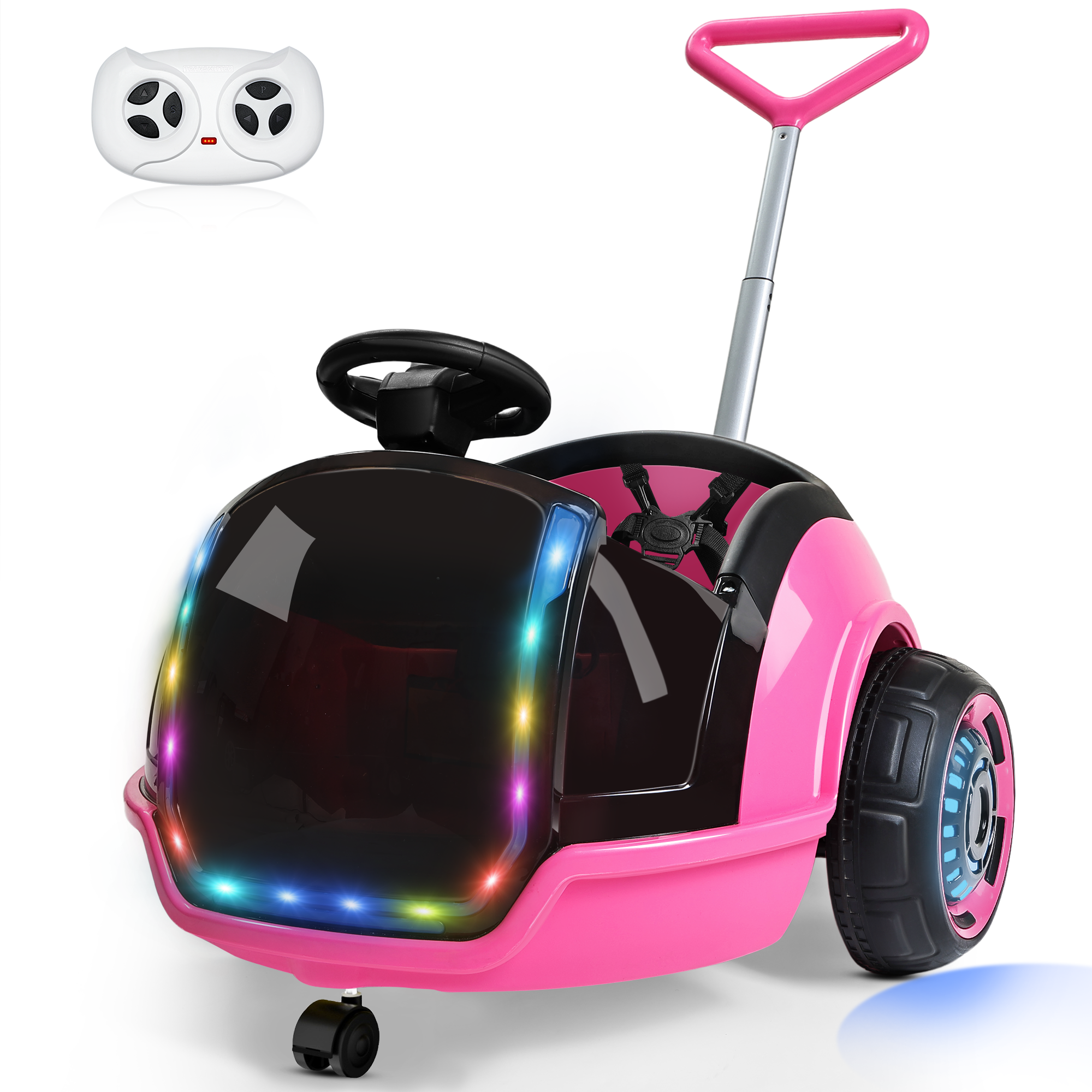 12V 3-in-1 Push Ride On Car with Adjustable Handle & Remote – Pink