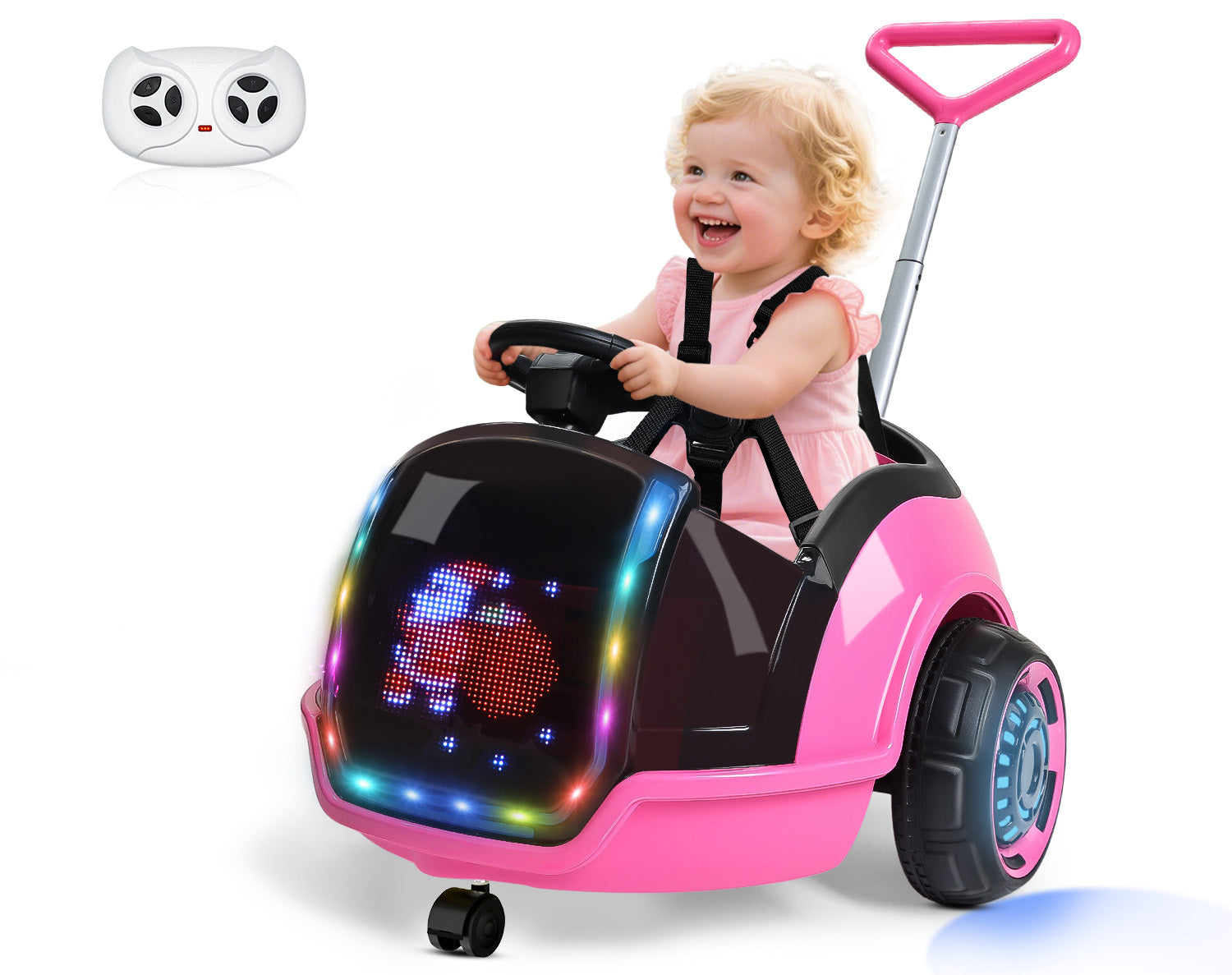 12V 3-in-1 Push Ride On with LED Display, Music & Remote – Pink