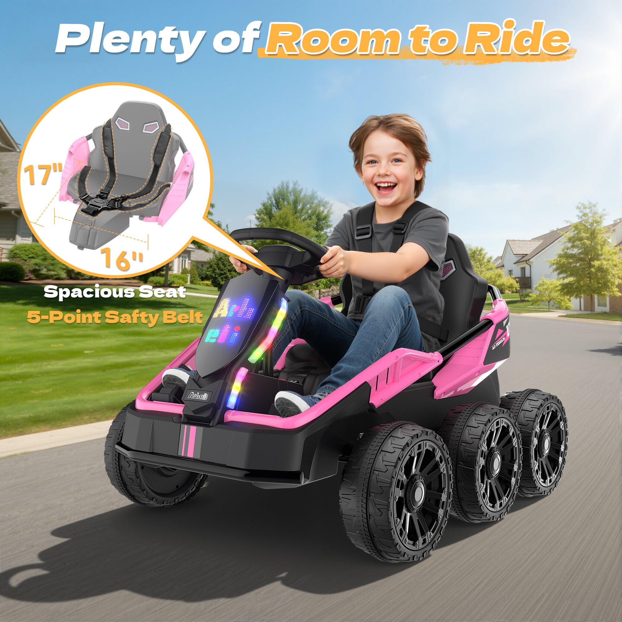 24V Kids Ride-On: 4WD, 17" Seat, Remote, Bluetooth Music, 5MPH-pink