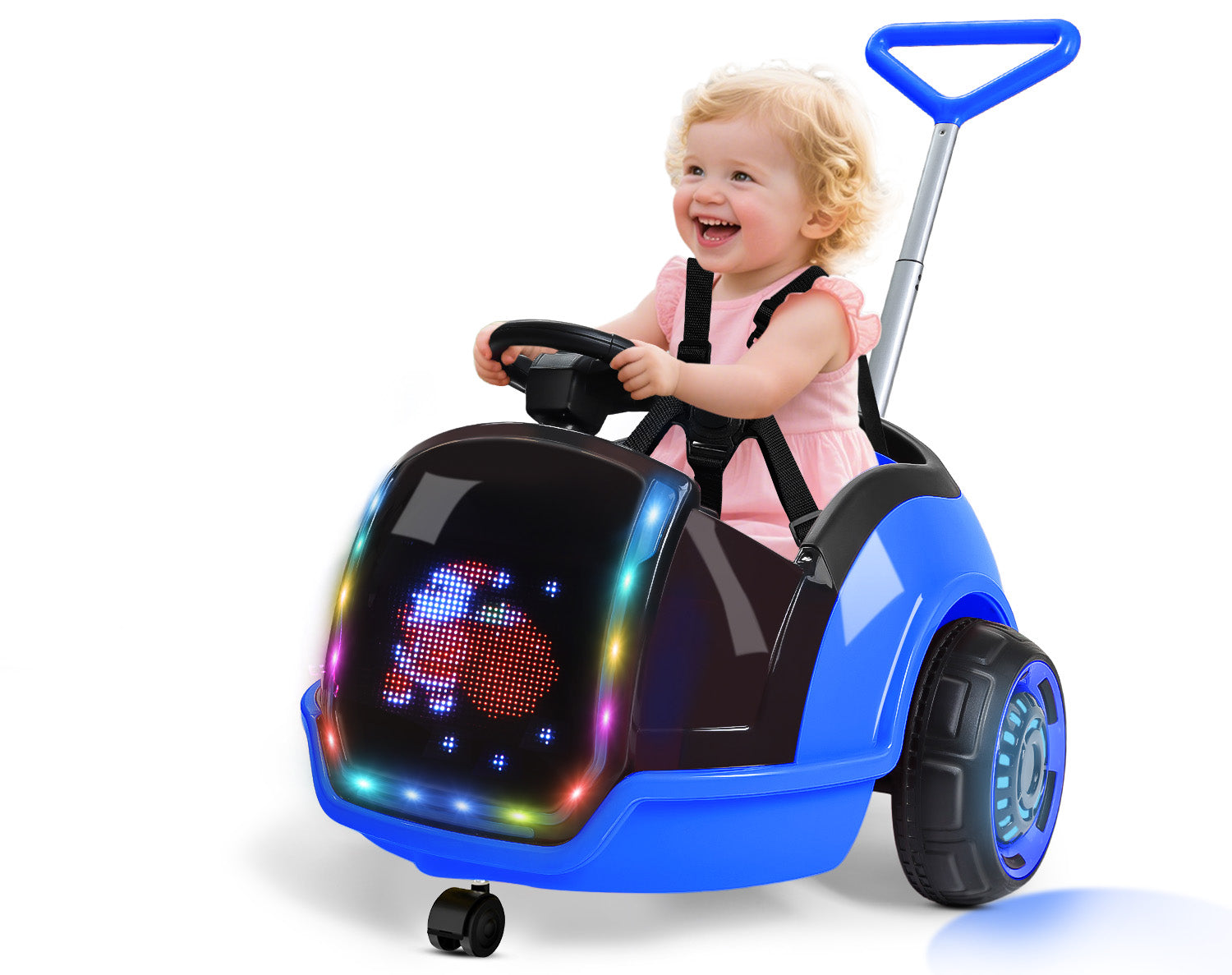 ANPABO 3-in-1 12V Electric Ride-On Car with Push Handle & Interactive LED Screen – Blue