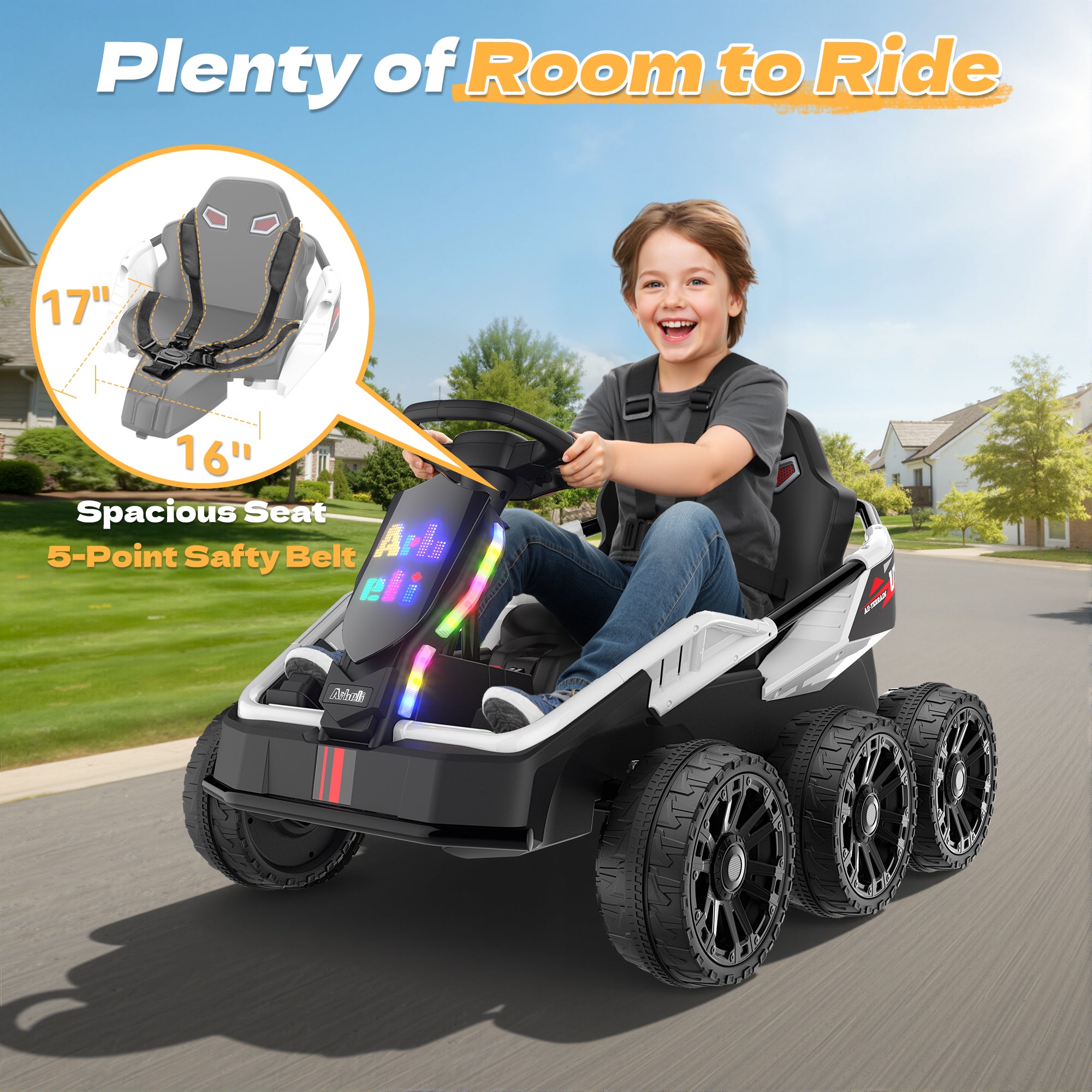 24V Kids Ride-On: 4WD, 17" Seat, Remote, Bluetooth Music, 5MPH-white
