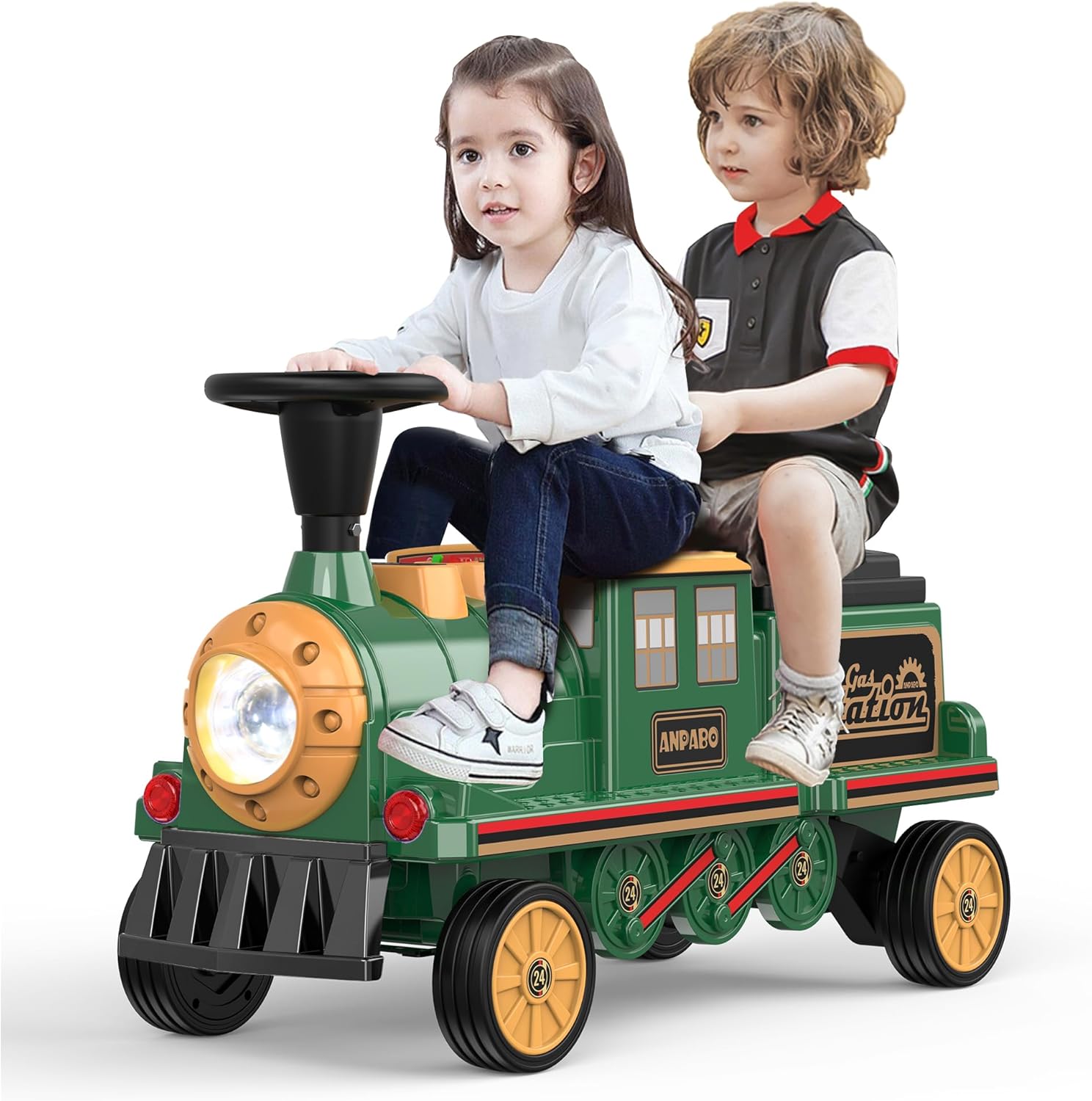 Trackless 12V Electric Ride-On Train 2-Seater with Rubber Tires – Green