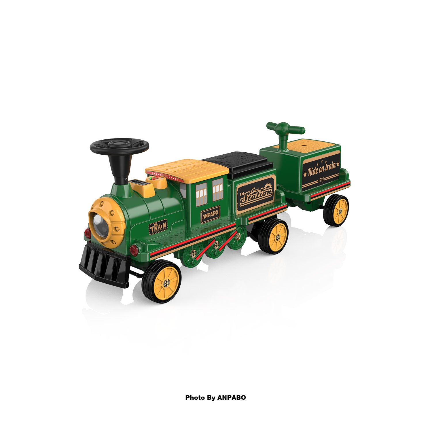 ANPABO 12V Trackless Ride-On Train Set: Whistle, Light, & Storage-green