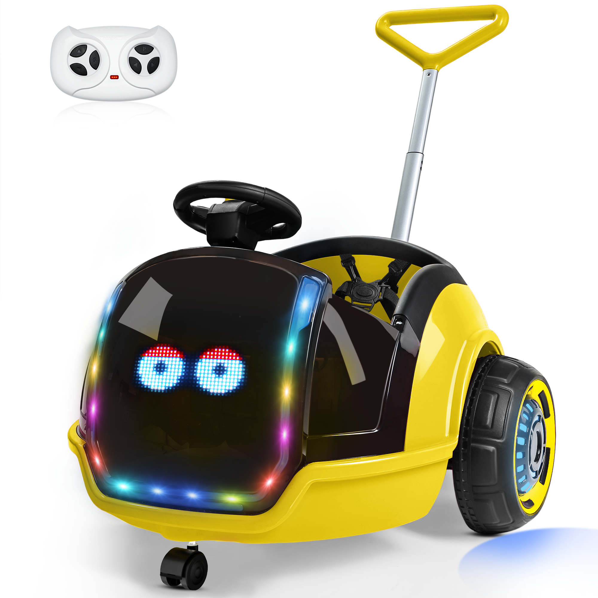 12V 3-in-1 Push Ride On with small LED Display-yellow（UPC:B0FR8N7X5H）