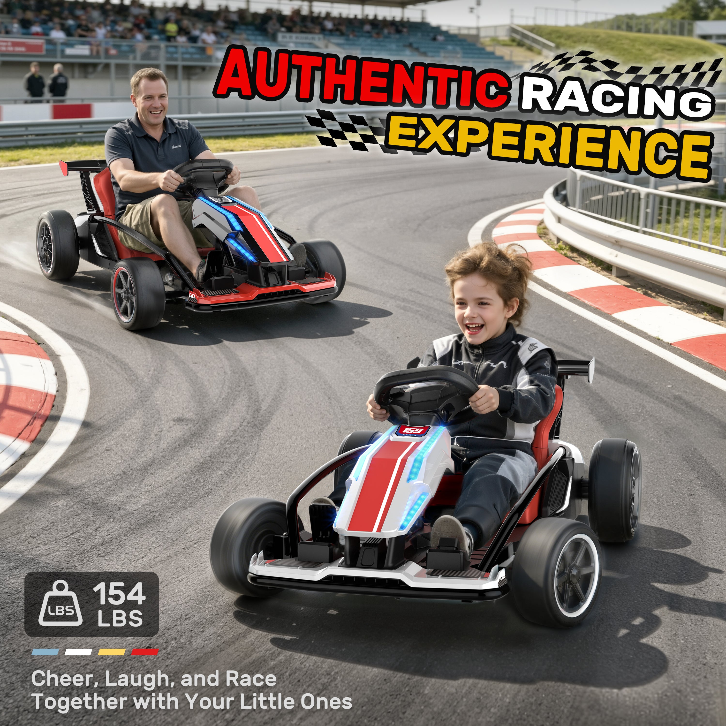 Father and son racing together in 24V electric ride-on go karts, highlighting the heavy-duty 154 lbs weight capacity for authentic family fun.