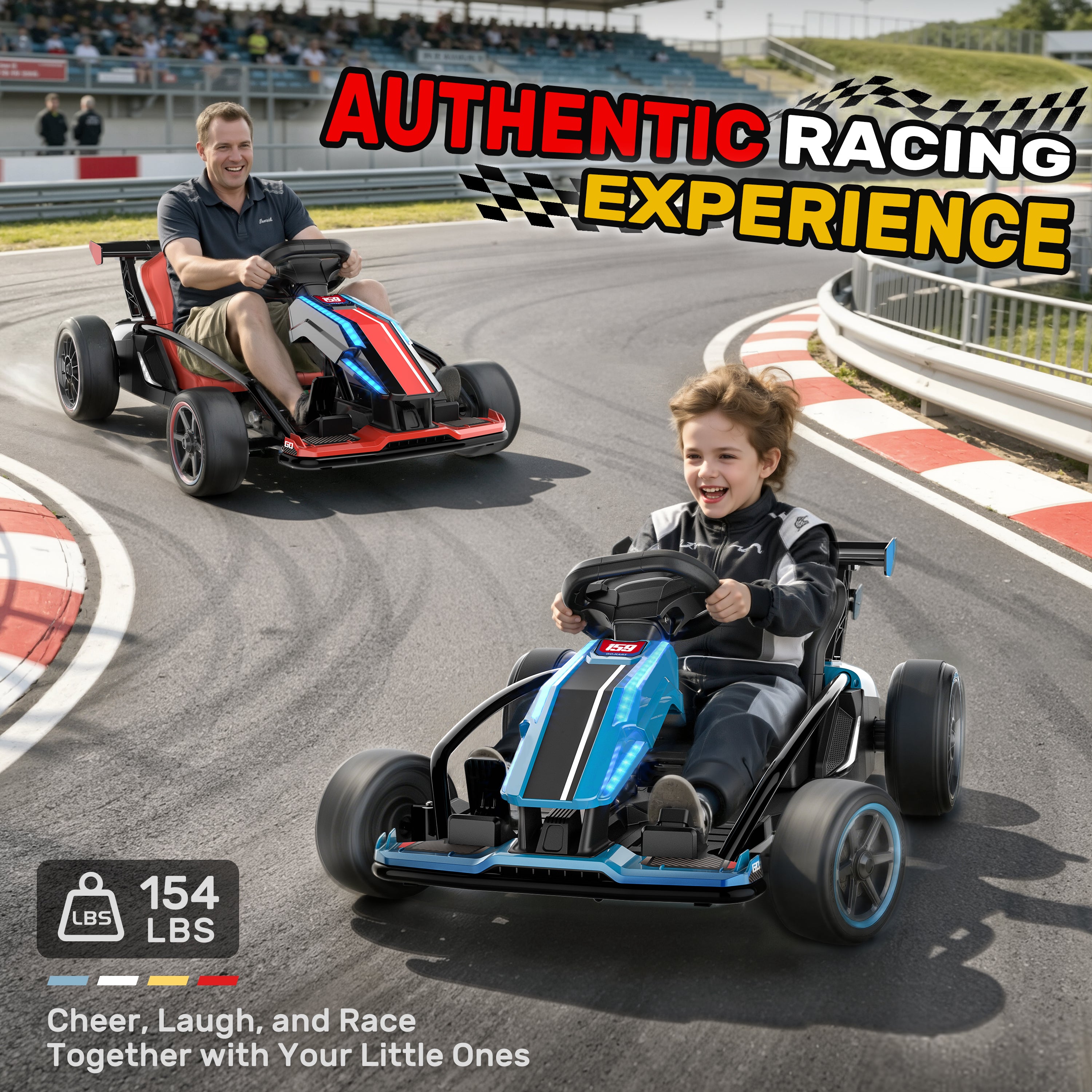 Father and son racing together in blue and red 24V electric ride-on go karts, highlighting the heavy-duty 154 lbs weight capacity for authentic family fun.