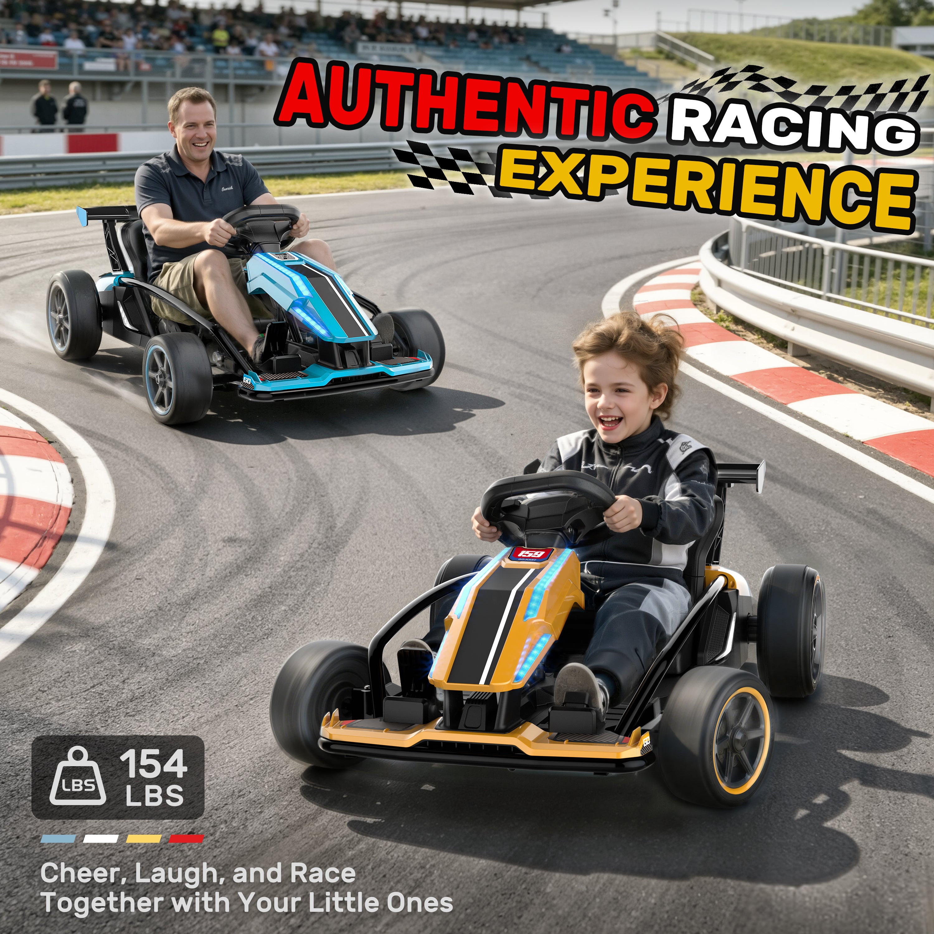 Father and son racing together in yellow and blue 24V electric ride-on go karts, highlighting the heavy-duty 154 lbs weight capacity for authentic family fun.
