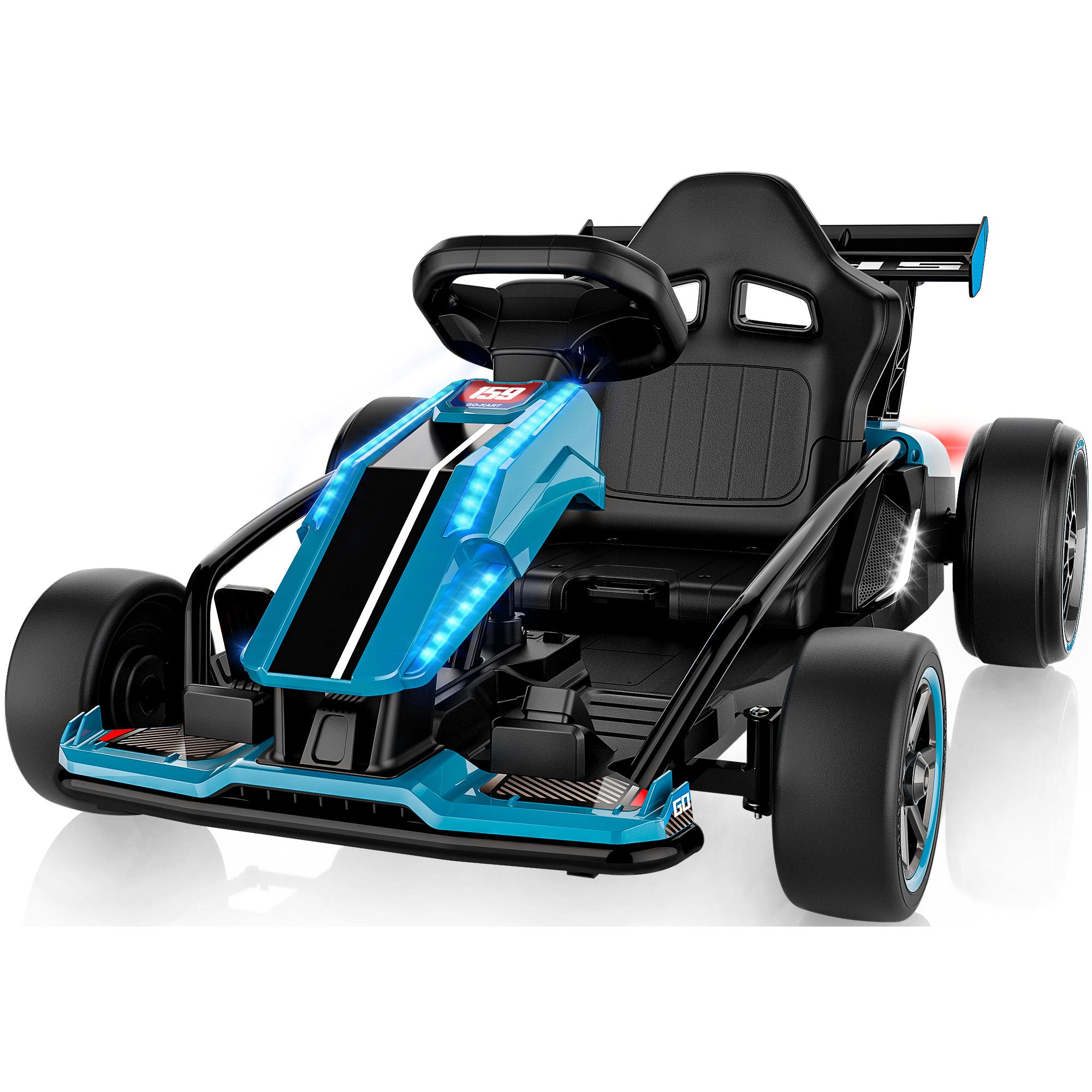 Blue and black 24V kids electric ride-on go kart, featuring illuminated blue LED headlights and a black steel frame.
