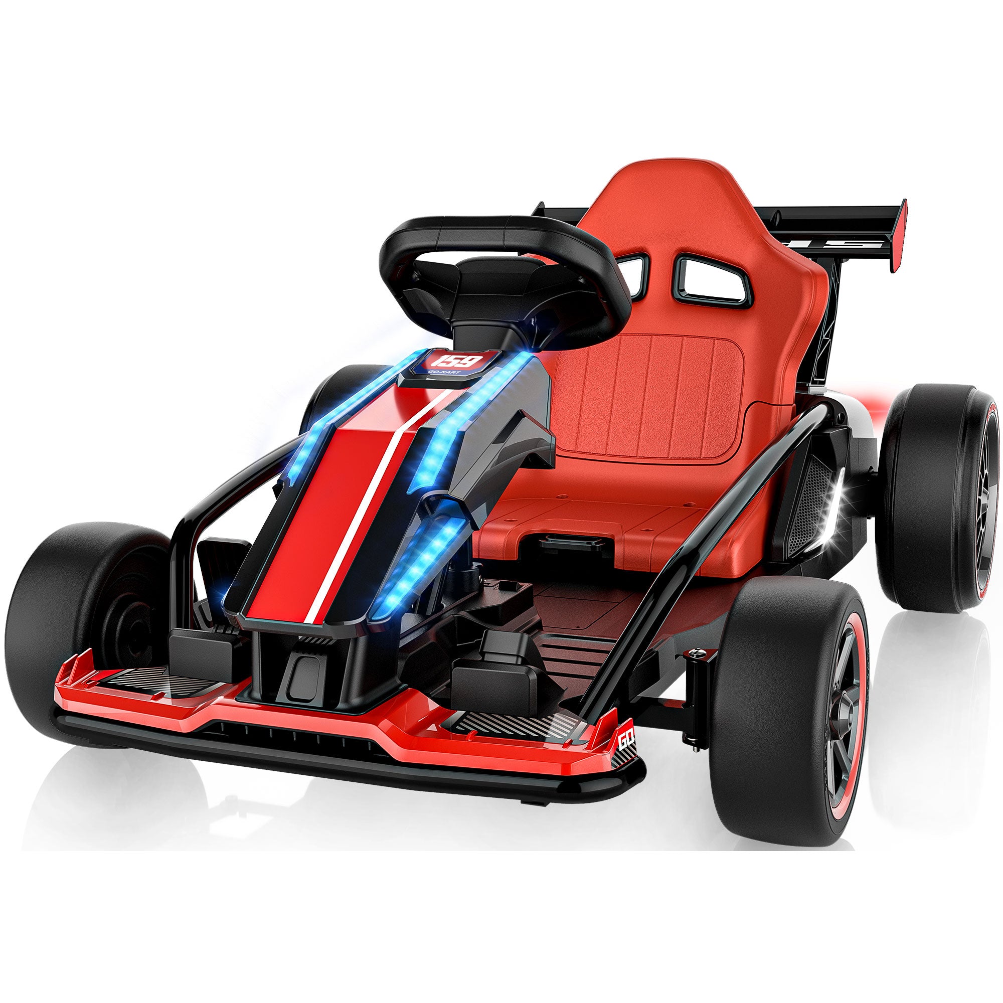 Red and black 24V kids electric ride-on go kart, featuring illuminated blue LED headlights and a black steel frame.