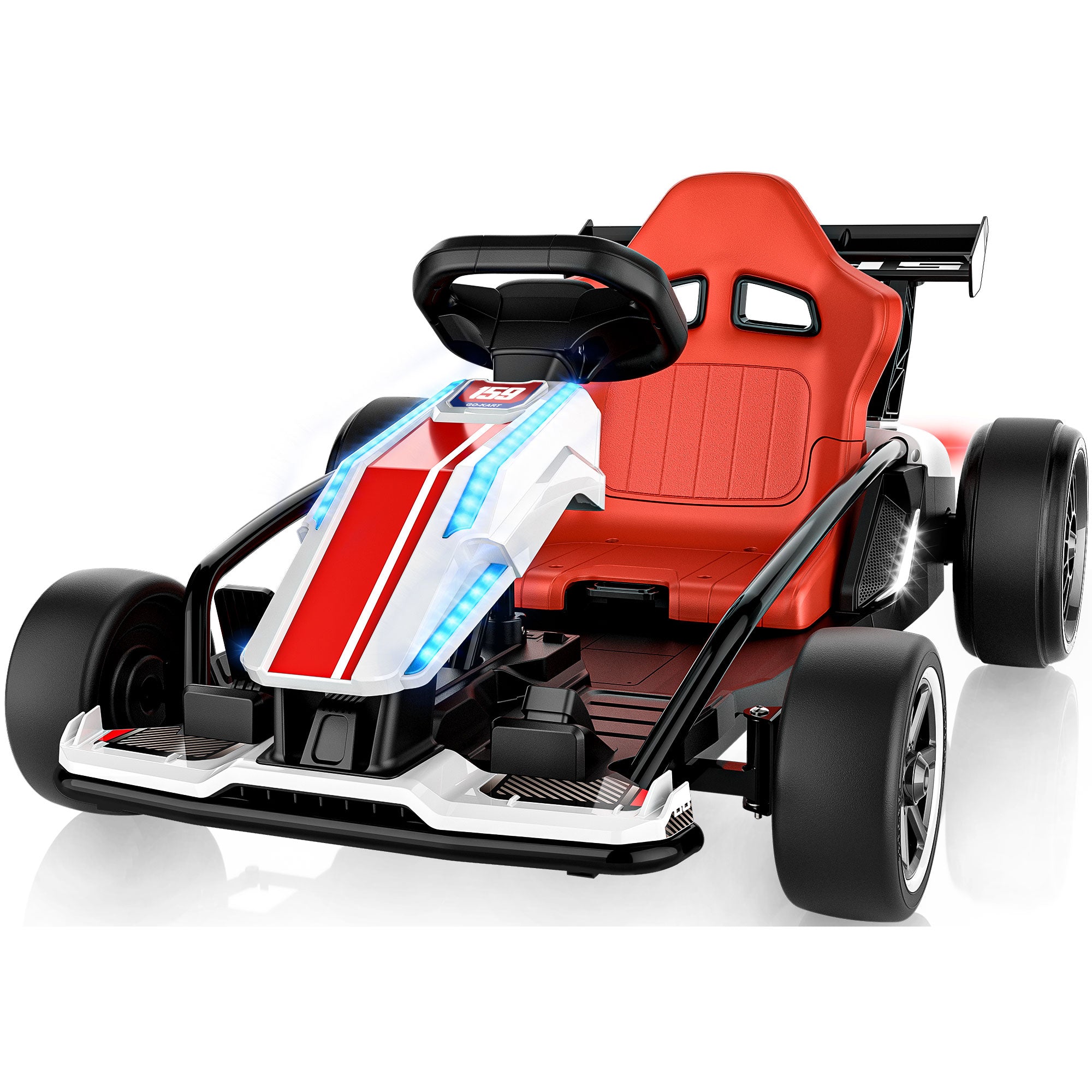 White and red 24V kids electric ride-on go kart featuring a red seat and blue LED headlights.