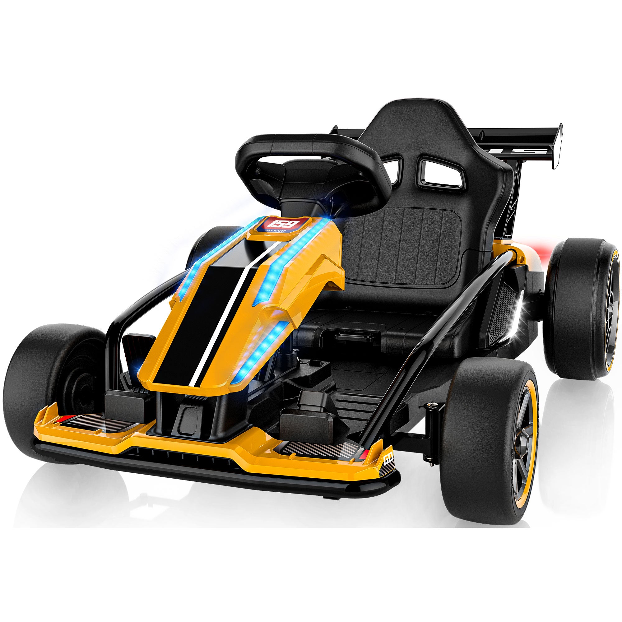 Yellow and black 24V kids electric ride-on go kart, featuring illuminated blue LED headlights and a black steel frame.