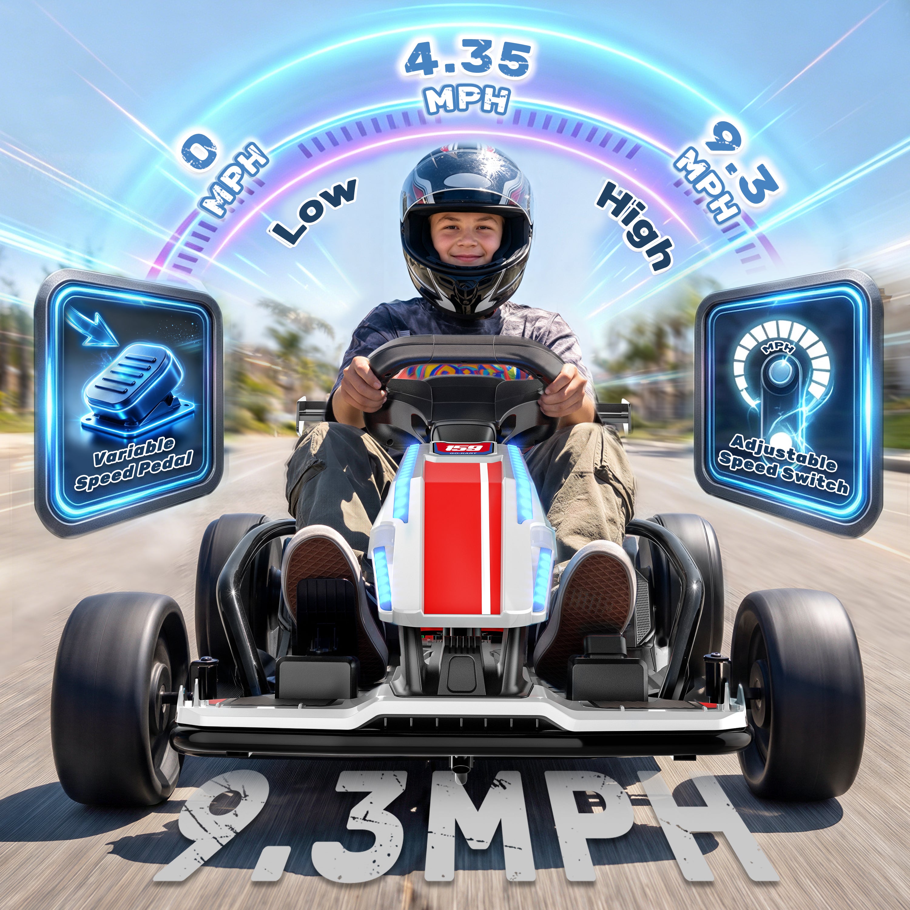 Child driving a 24V electric ride-on go kart outdoors, highlighting the 9.3 mph max speed, variable speed pedal, and adjustable speed switch.