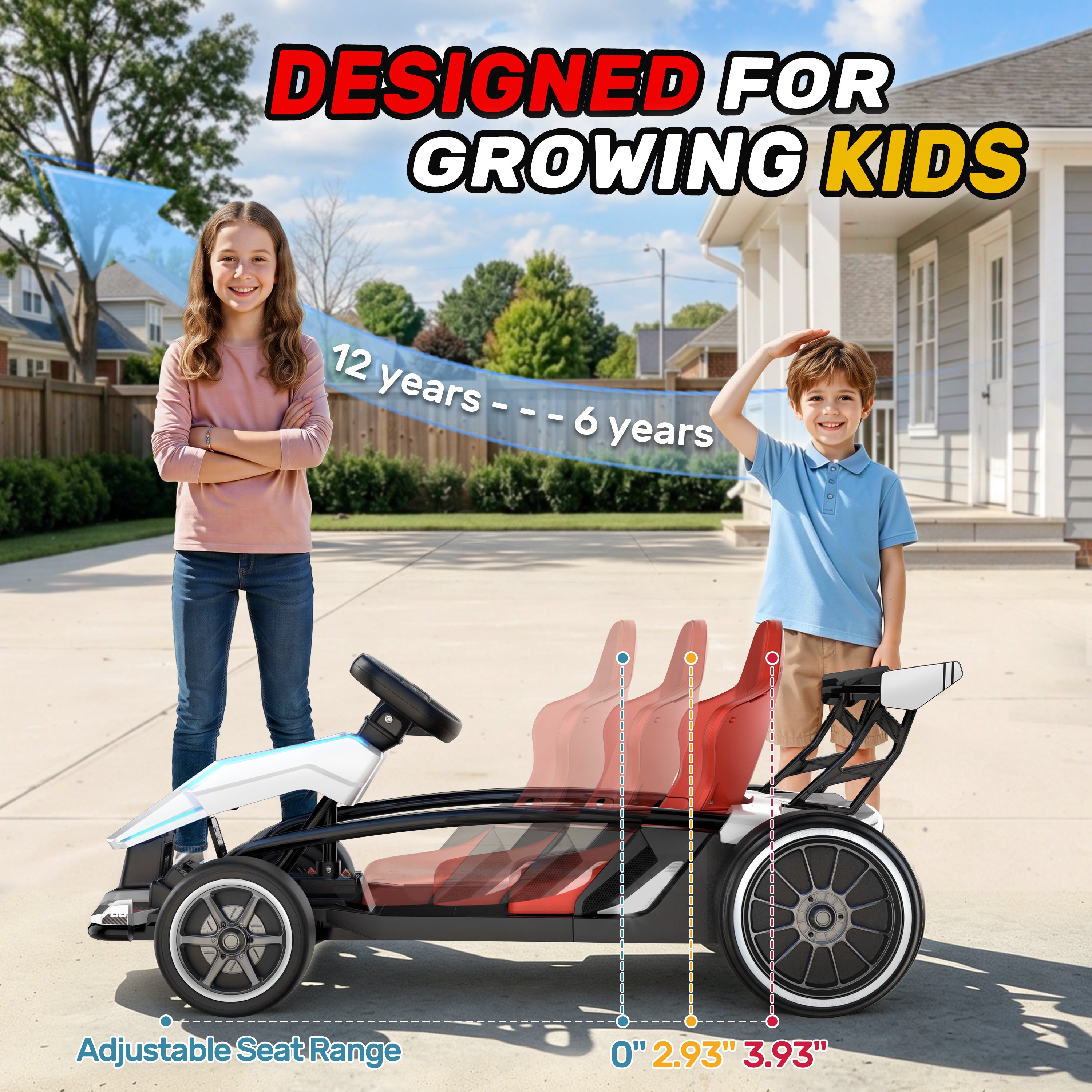 24V kids electric ride-on go kart featuring a 3-position adjustable seat, designed to grow with children ages 6 to 12 years old