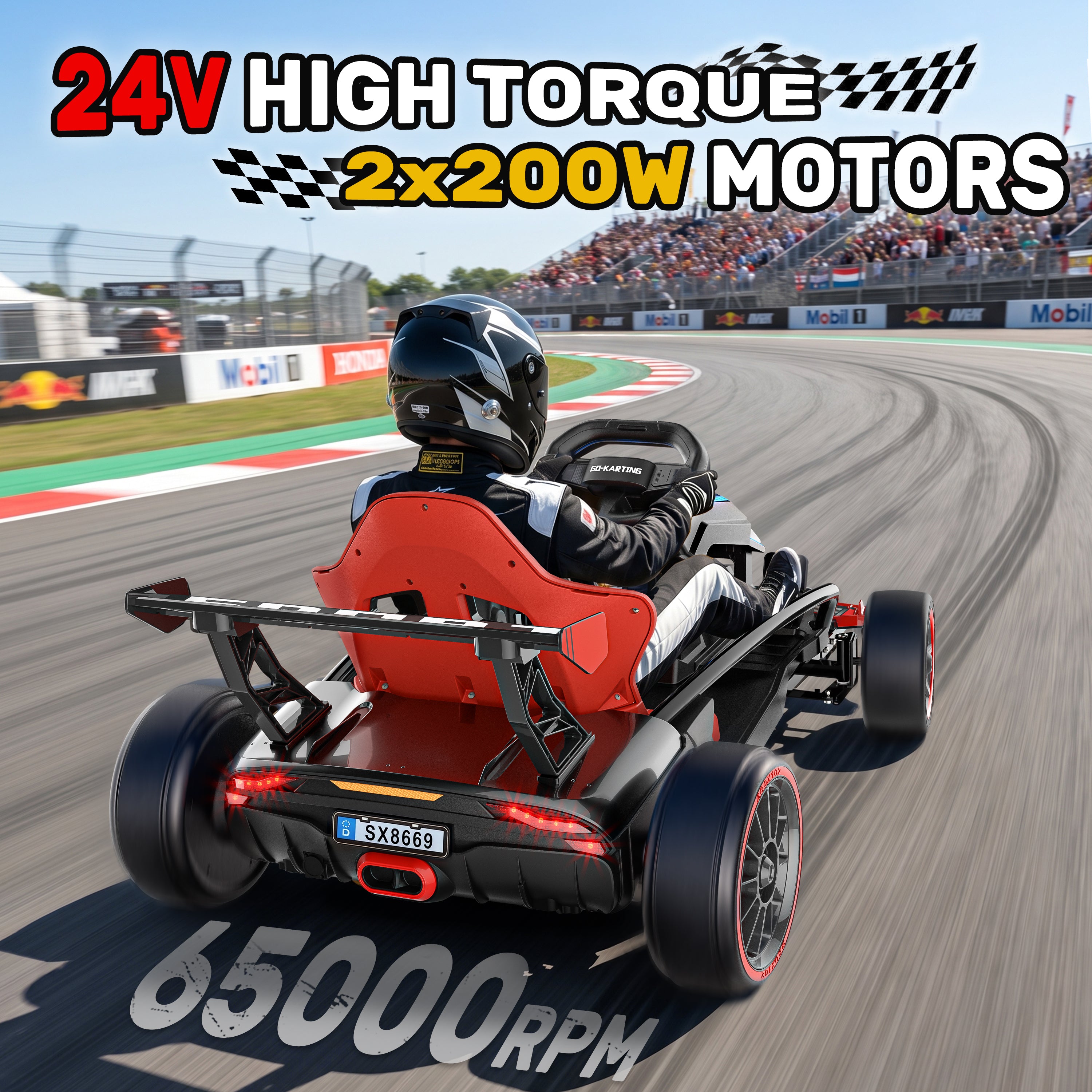 Rear view of the black and red 24V kids electric go kart drifting on a track, highlighting the high torque 2x200W motors and 65000 RPM.