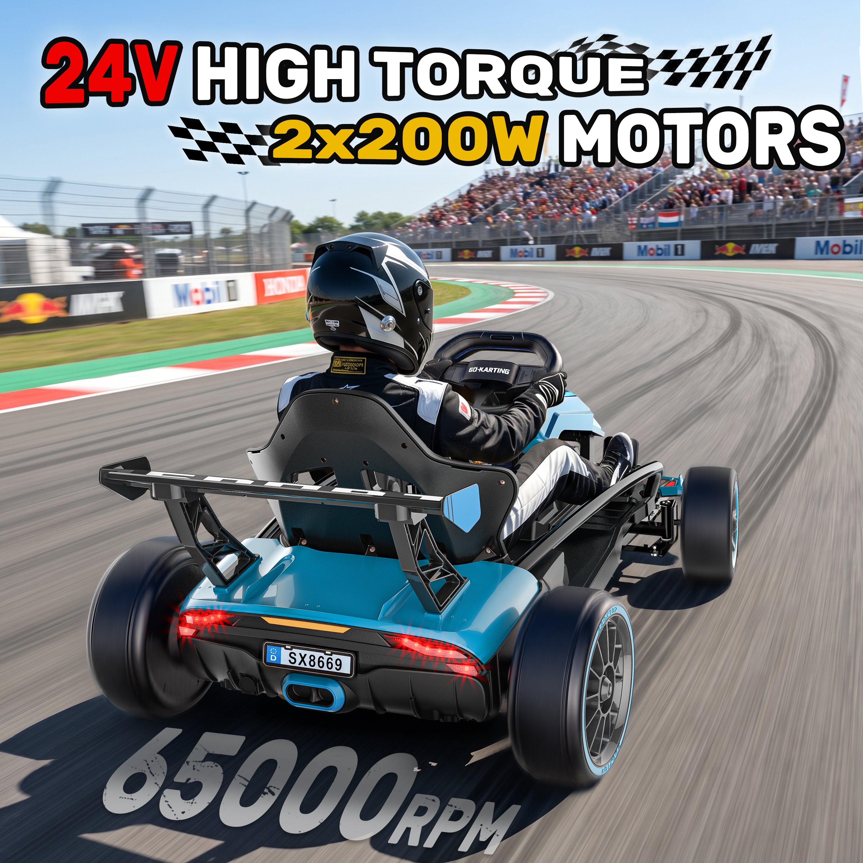 Rear view of the blue and black 24V kids electric go kart drifting on a track, highlighting the high torque 200W*2 motors and 65000 RPM