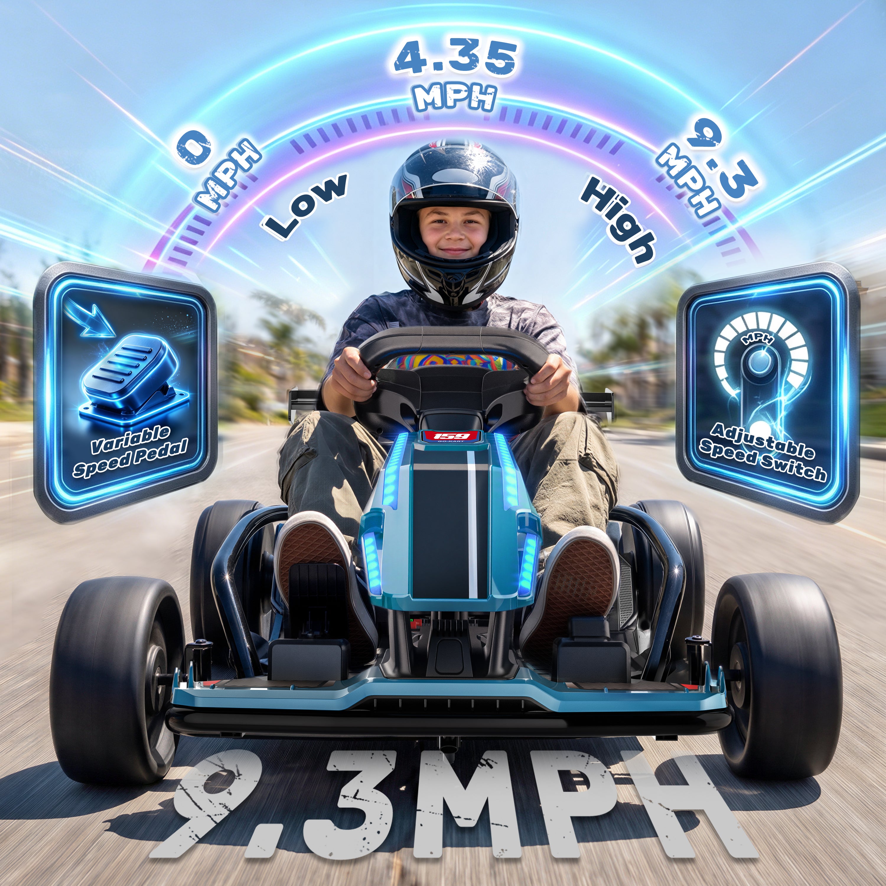 Child driving a blue and black 24V electric ride-on go kart, highlighting the 9.3 mph max speed, variable speed pedal, and adjustable speed switch.