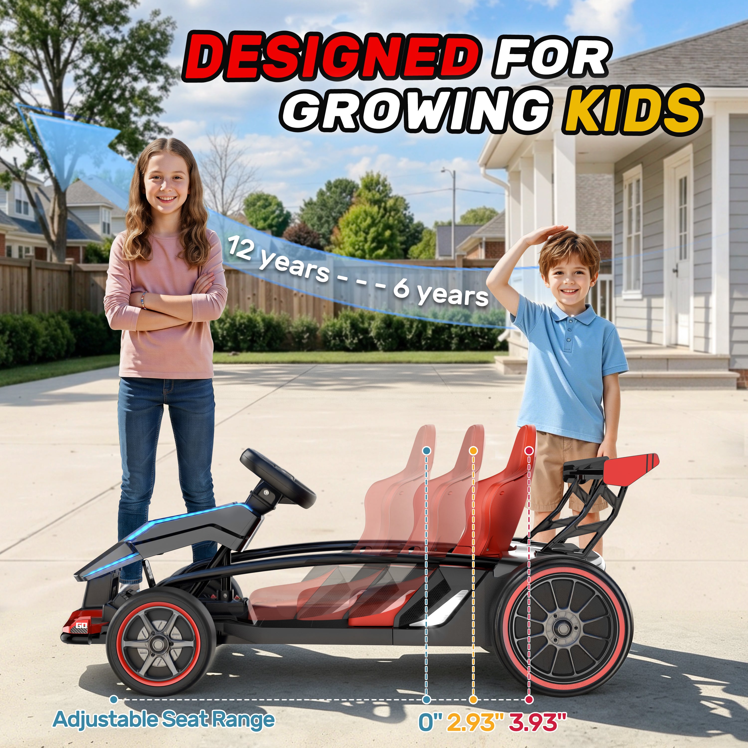 Blue and black 24V kids electric ride-on go kart featuring a 3-position adjustable seat, designed to grow with children ages 6 to 12 years old.