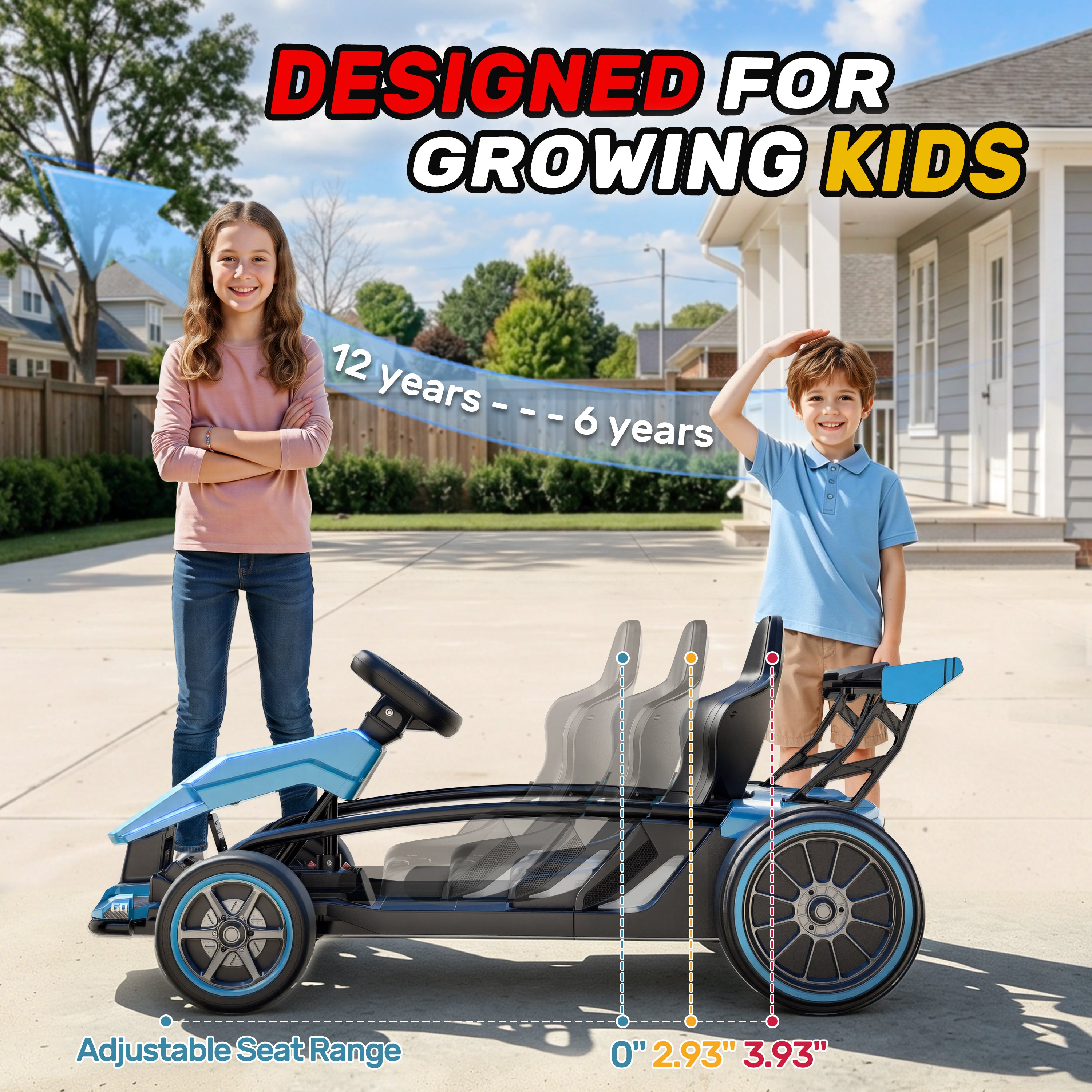 Blue and black 24V kids electric ride-on go kart featuring a 3-position adjustable seat, designed to grow with children ages 6 to 12 years old.