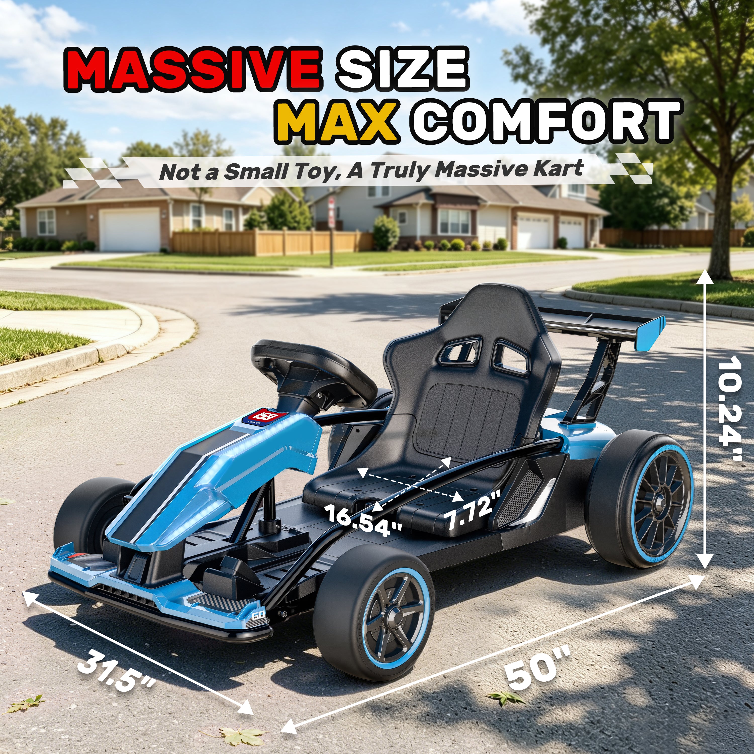 Dimension guide for the blue and black 24V kids electric go kart showing a massive size of 50 inches long, 31.5 inches wide, and 10.24 inches high.