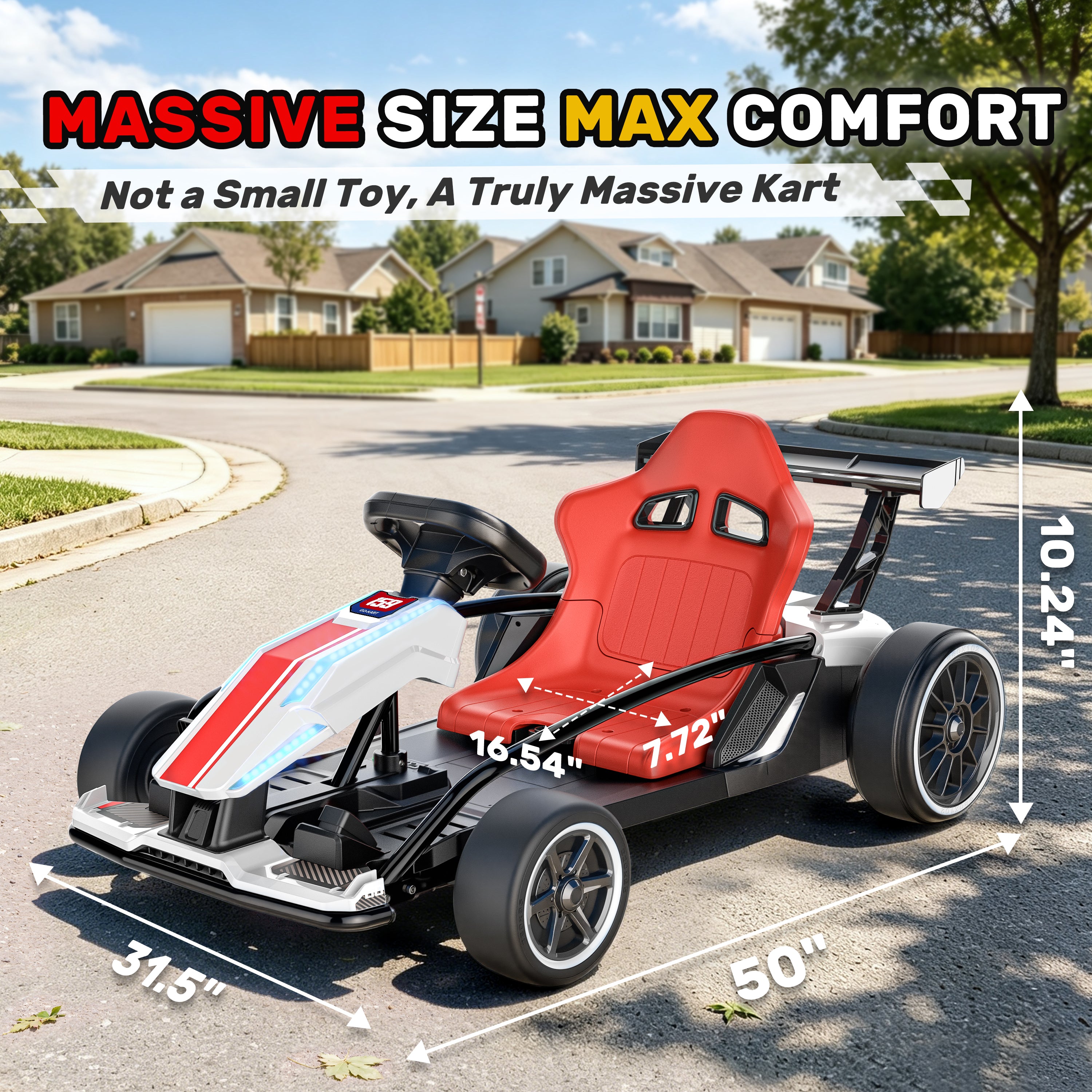 Dimension guide for the 24V kids electric go kart showing a massive size of 50 inches long, 31.5 inches wide, and 10.24 inches high.