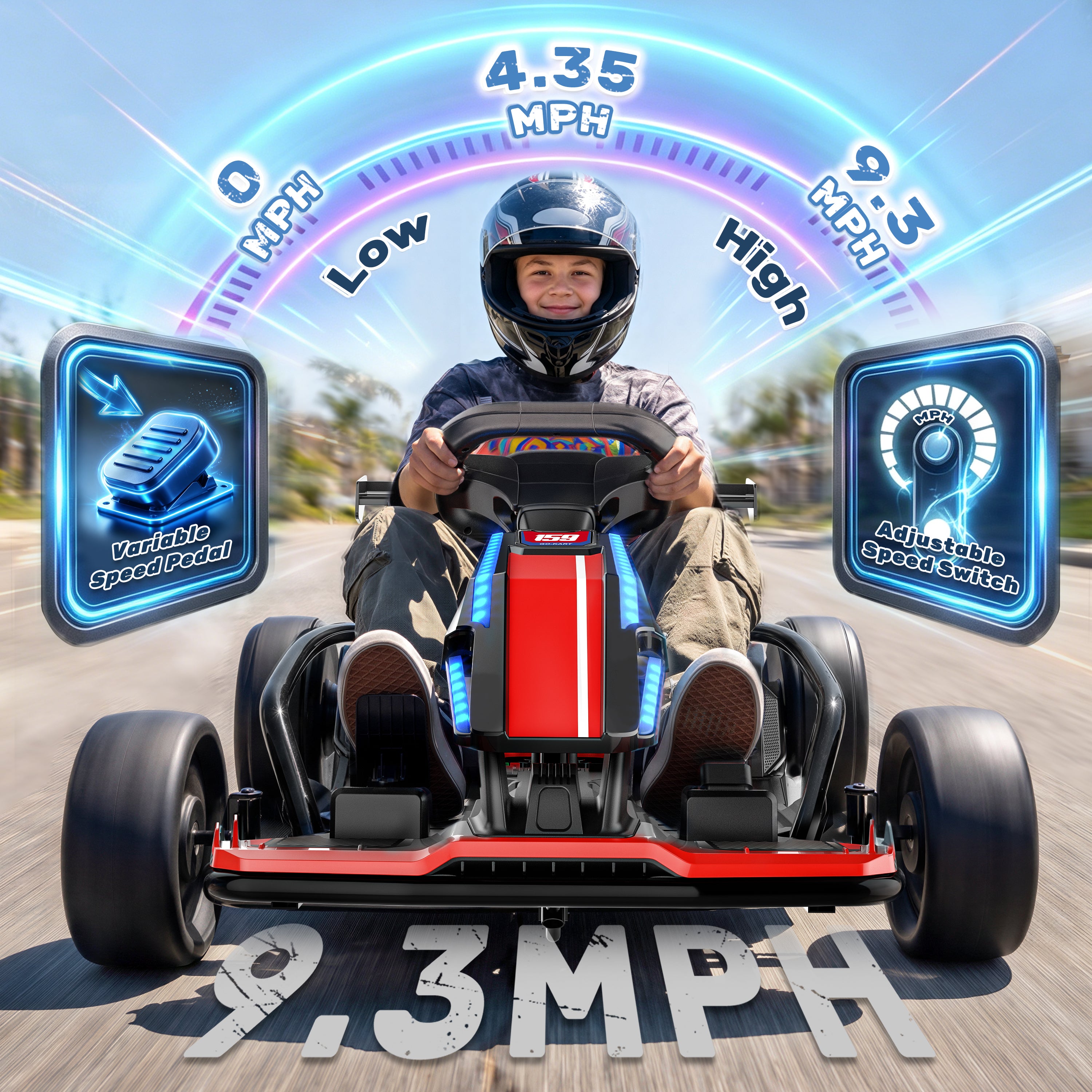 Child driving a red and black 24V electric ride-on go kart, highlighting the 9.3 mph max speed, variable speed pedal, and adjustable speed switch.