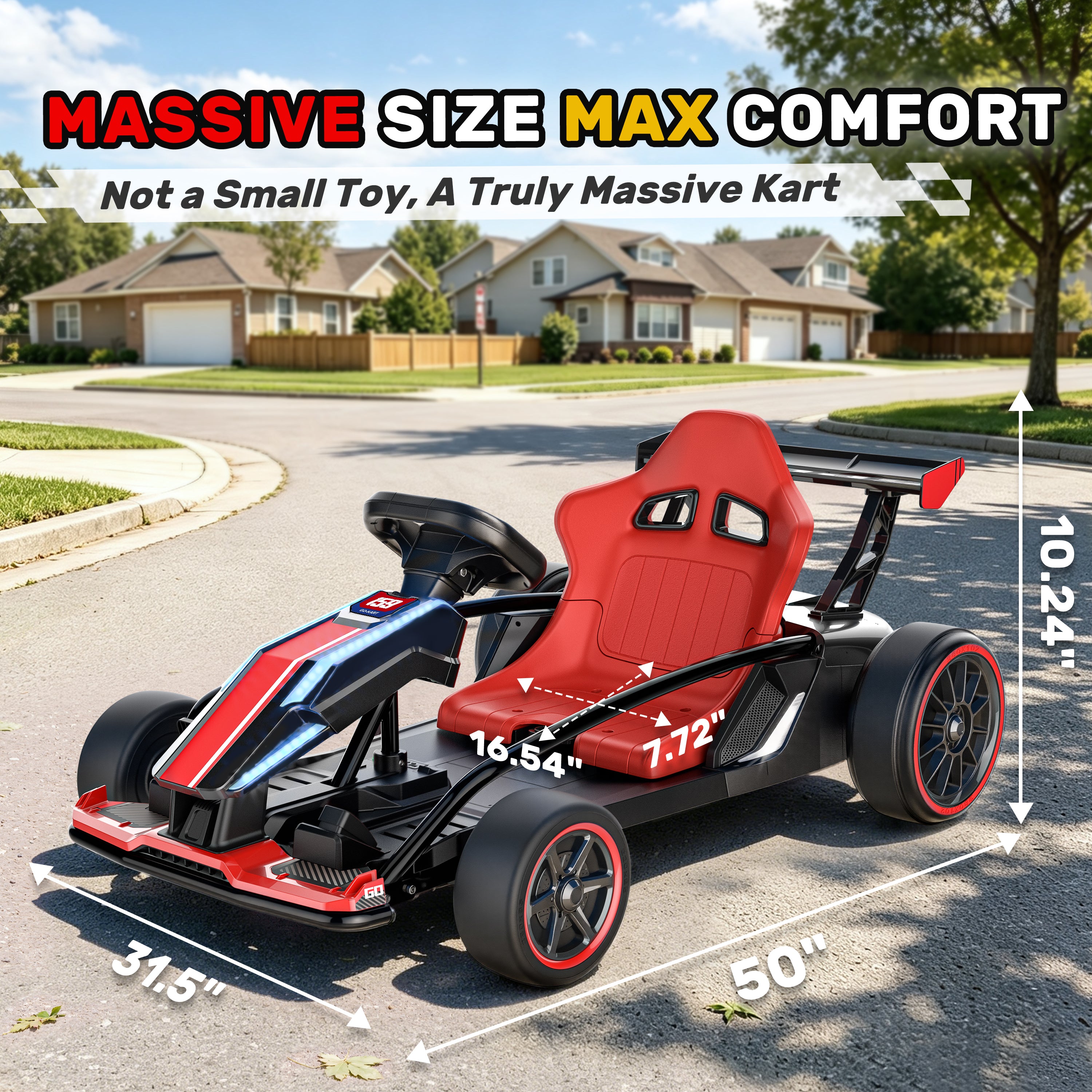 Dimension guide for the red and black 24V kids electric go kart showing a massive size of 50 inches long, 31.5 inches wide, and 10.24 inches high.