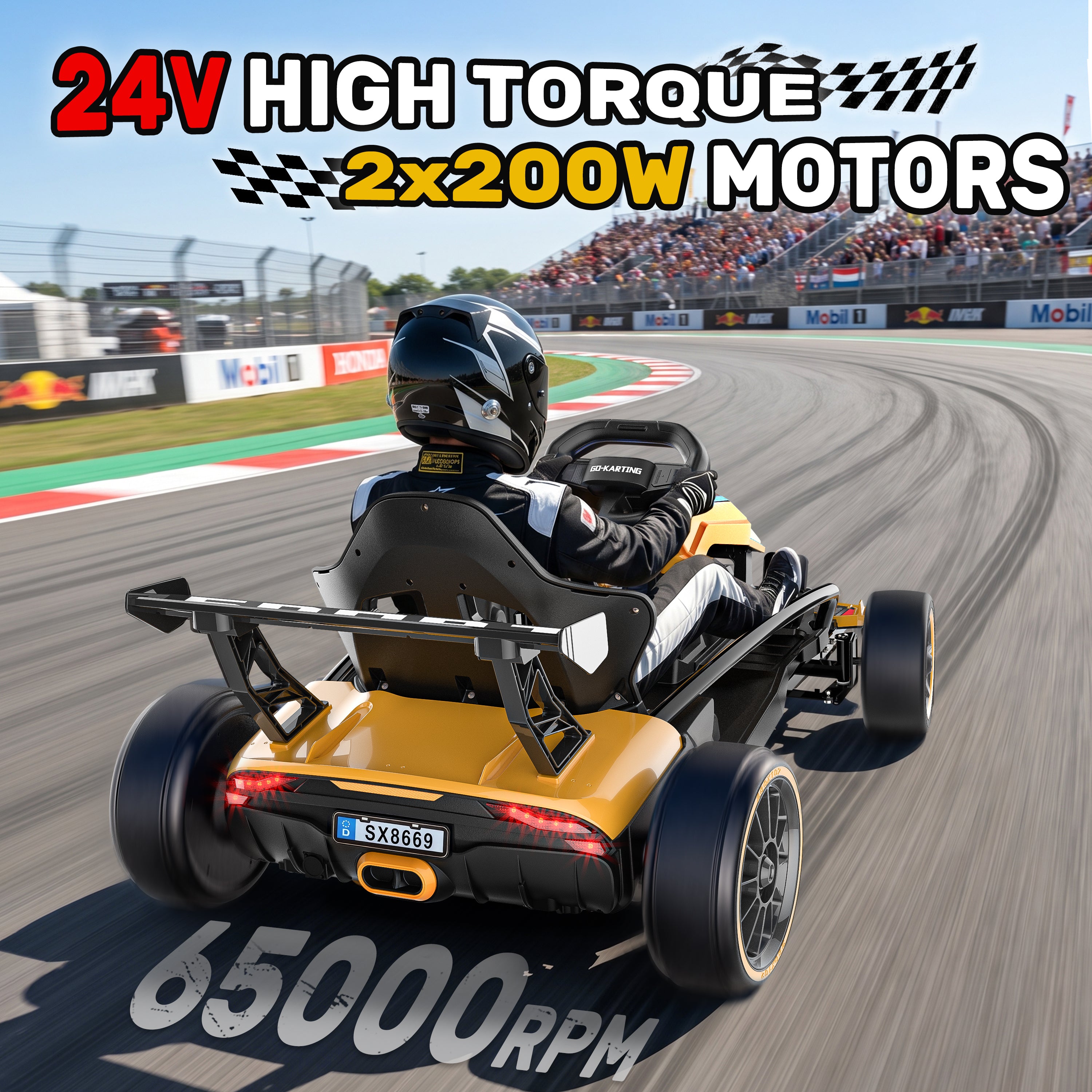 Rear view of the yellow and black 24V kids electric go kart drifting on a track, highlighting the high torque 200W*2 motors and 65000 RPM.