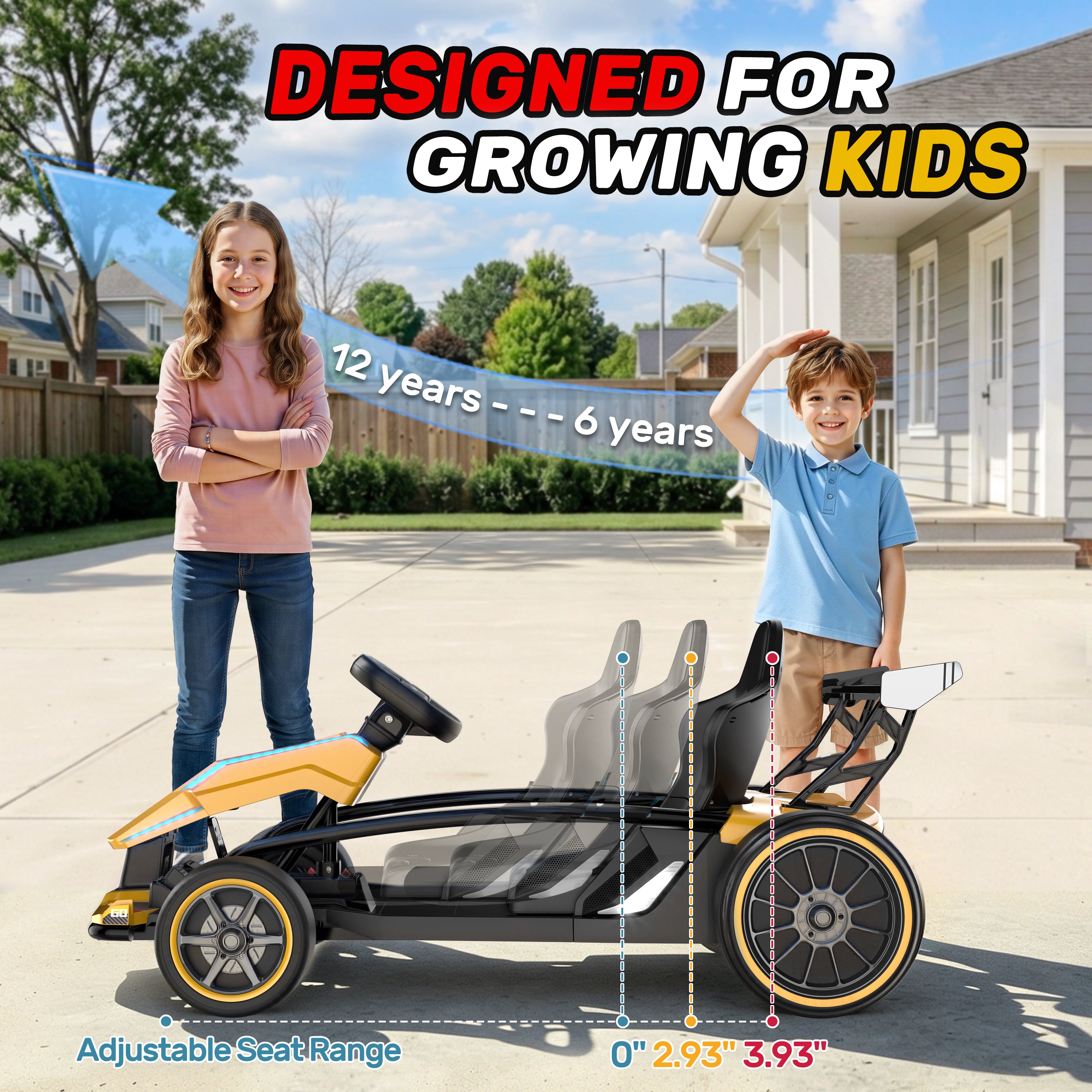 Yellow and black 24V kids electric ride-on go kart featuring a 3-position adjustable seat, designed to grow with children ages 6 to 12 years old