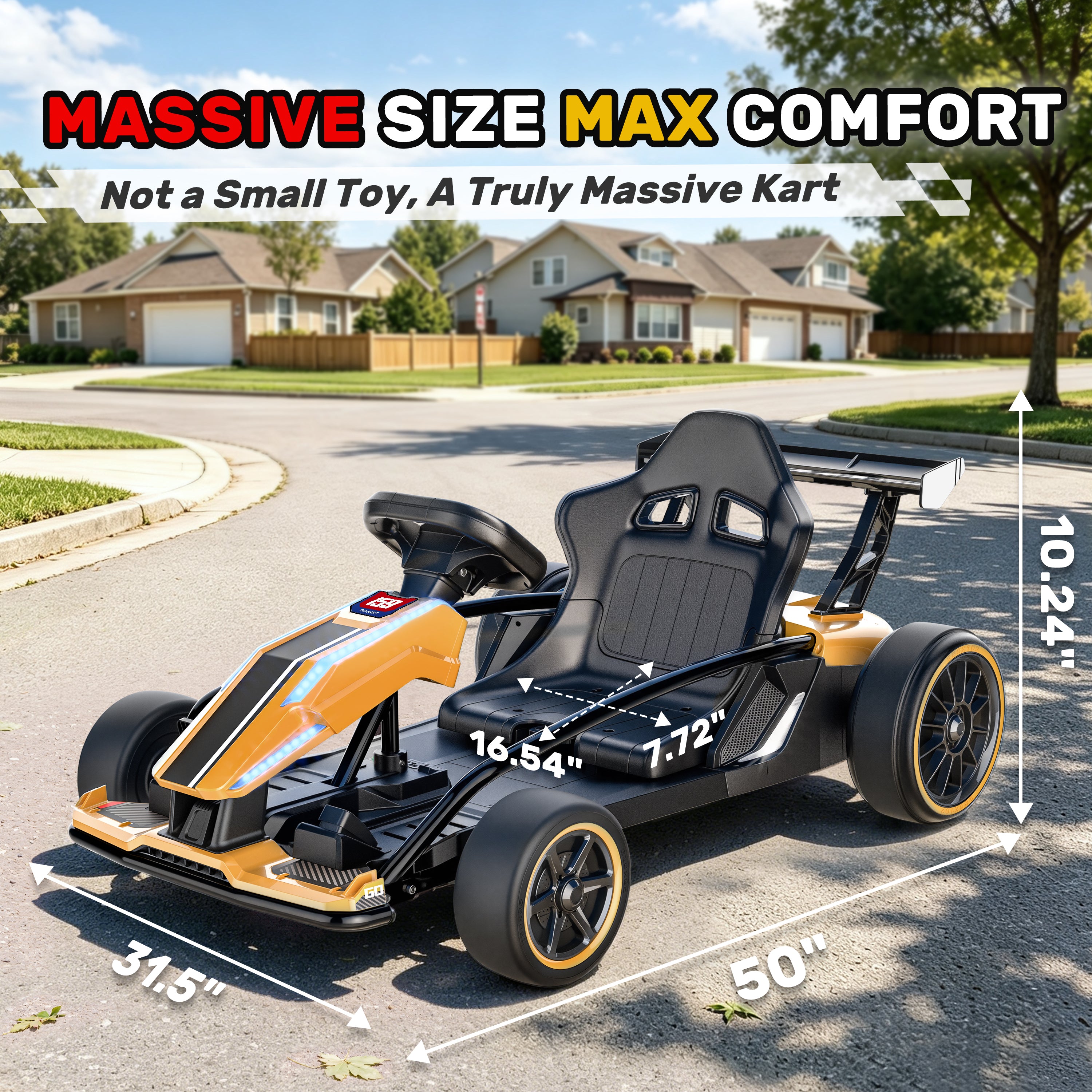 Dimension guide for the yellow and black 24V kids electric go kart showing a massive size of 50 inches long, 31.5 inches wide, and 10.24 inches high.