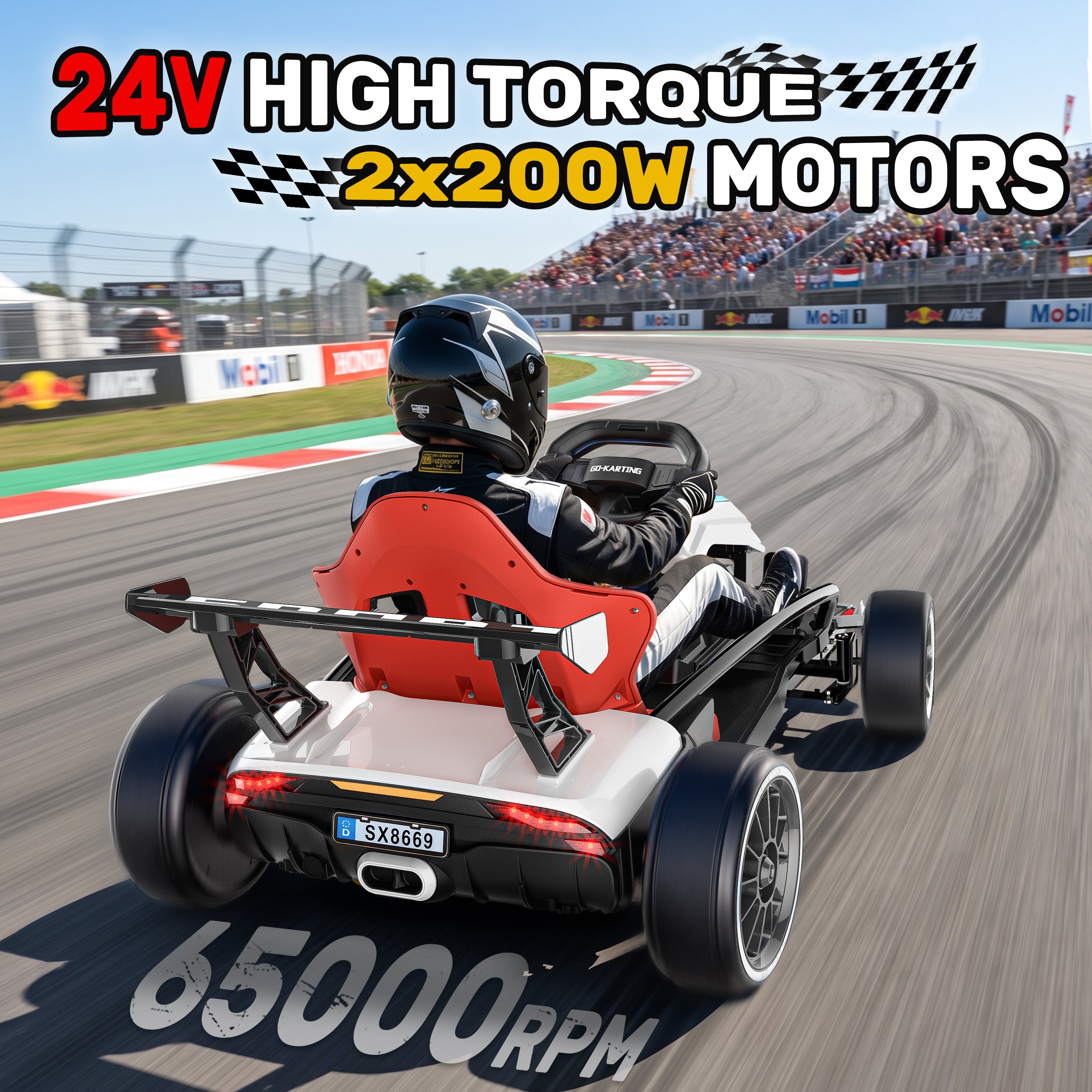 Child driving a 24V white and red electric ride-on go kart on a race track