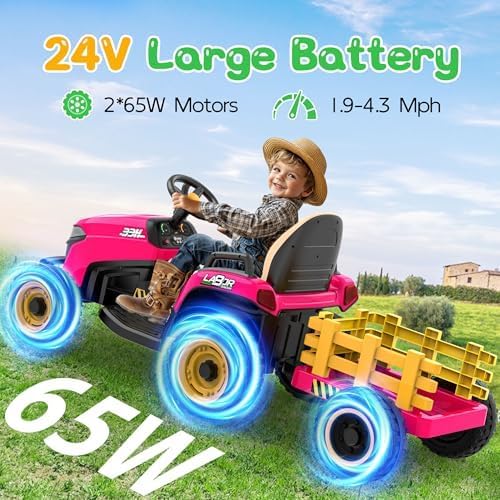 ANPABO 24V Kids Ride-On Tractor with Trailer-rose red