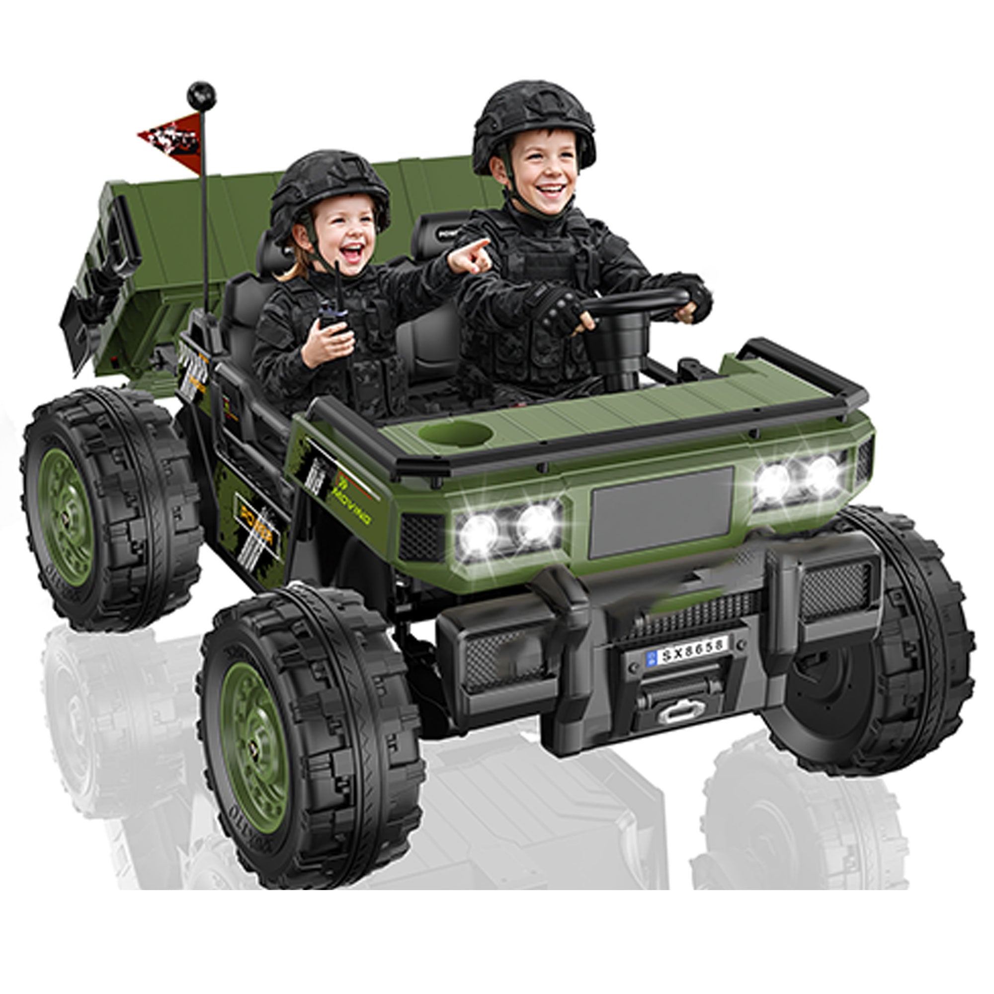 Anpabo 24V Kids Military Dumper: 4WD Auto-Lift Bed, 132 lbs Capacity, 2-Seater-Military Green