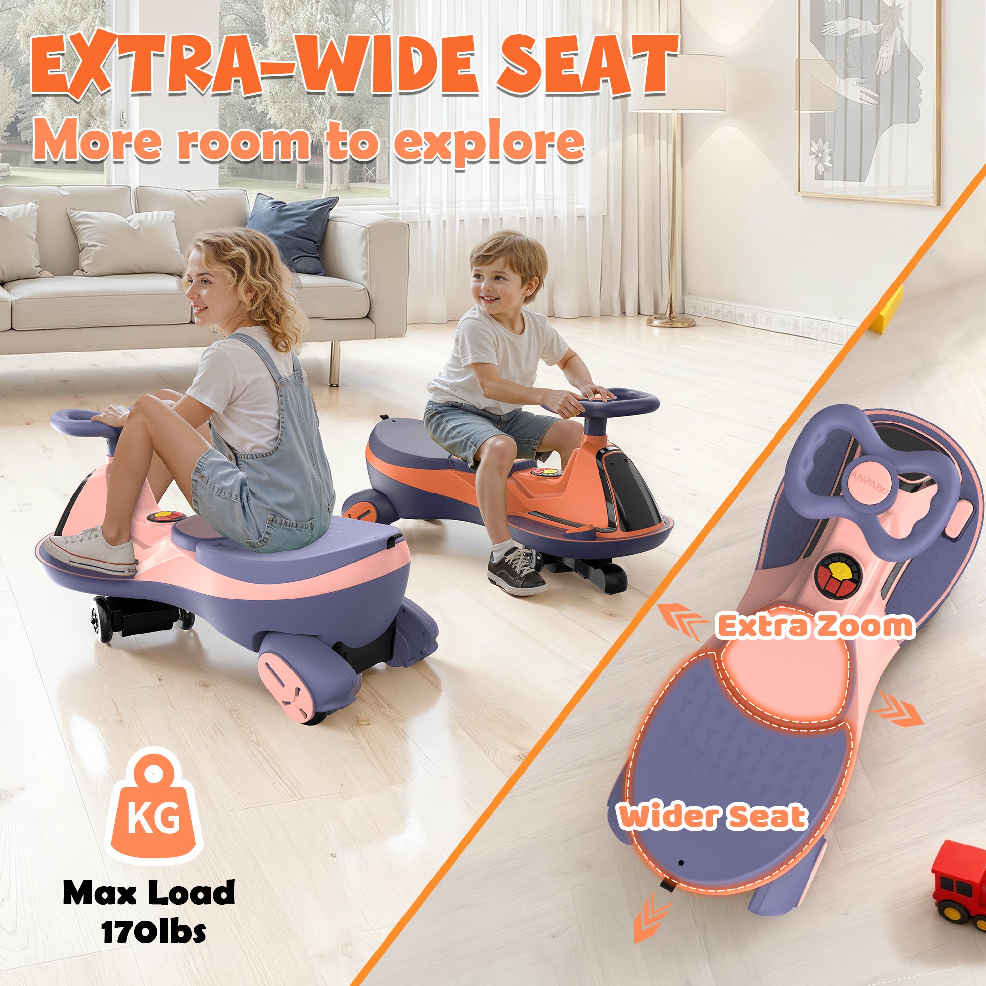 12V Electric Wiggle Car with LED Screen & Music for Kids-Pink